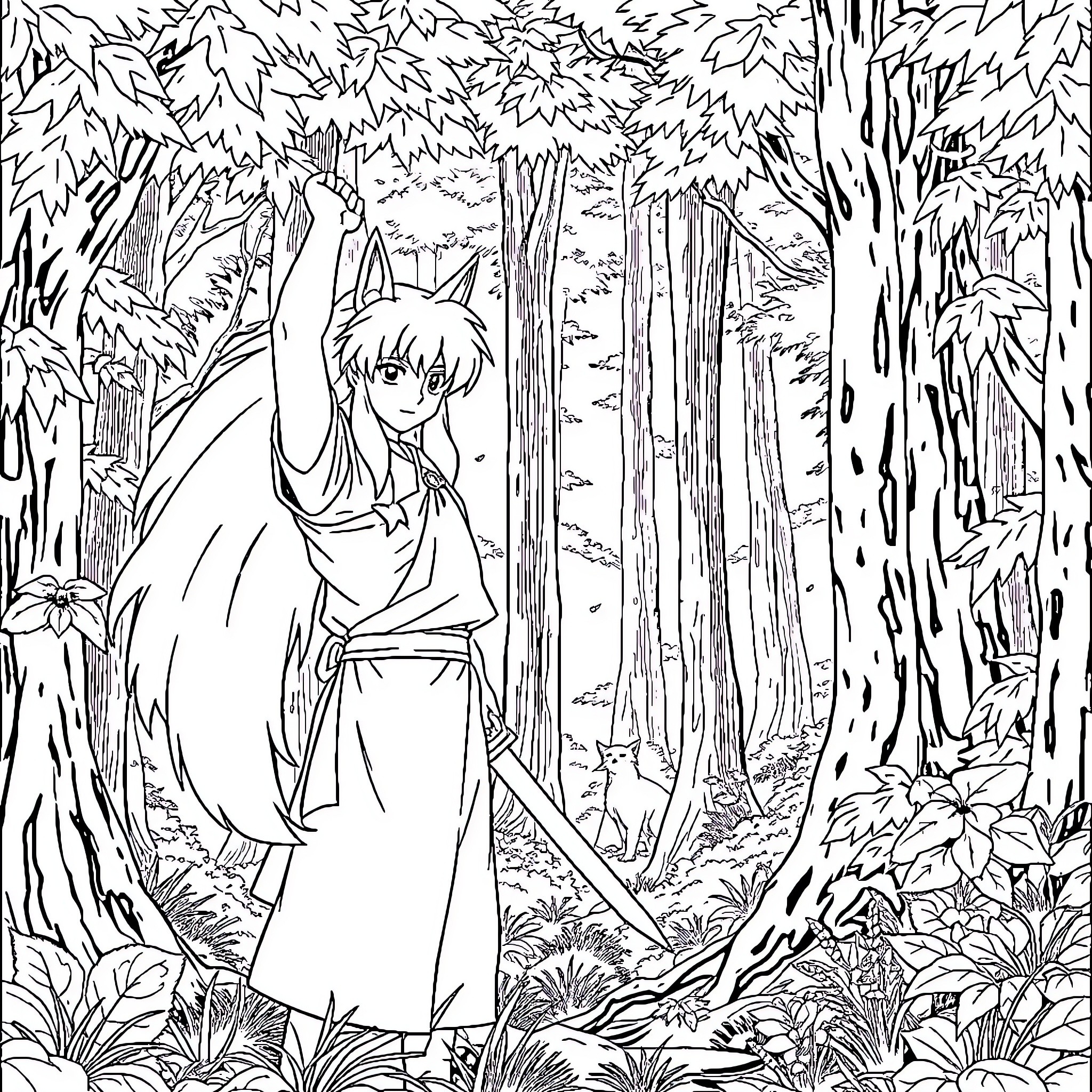 Inuyasha in a Serene Forest Landscape Coloring Page (free black-and-white line drawing printable PDF for all, from beginners to advanced learners, including children, teens, adults, and seniors)