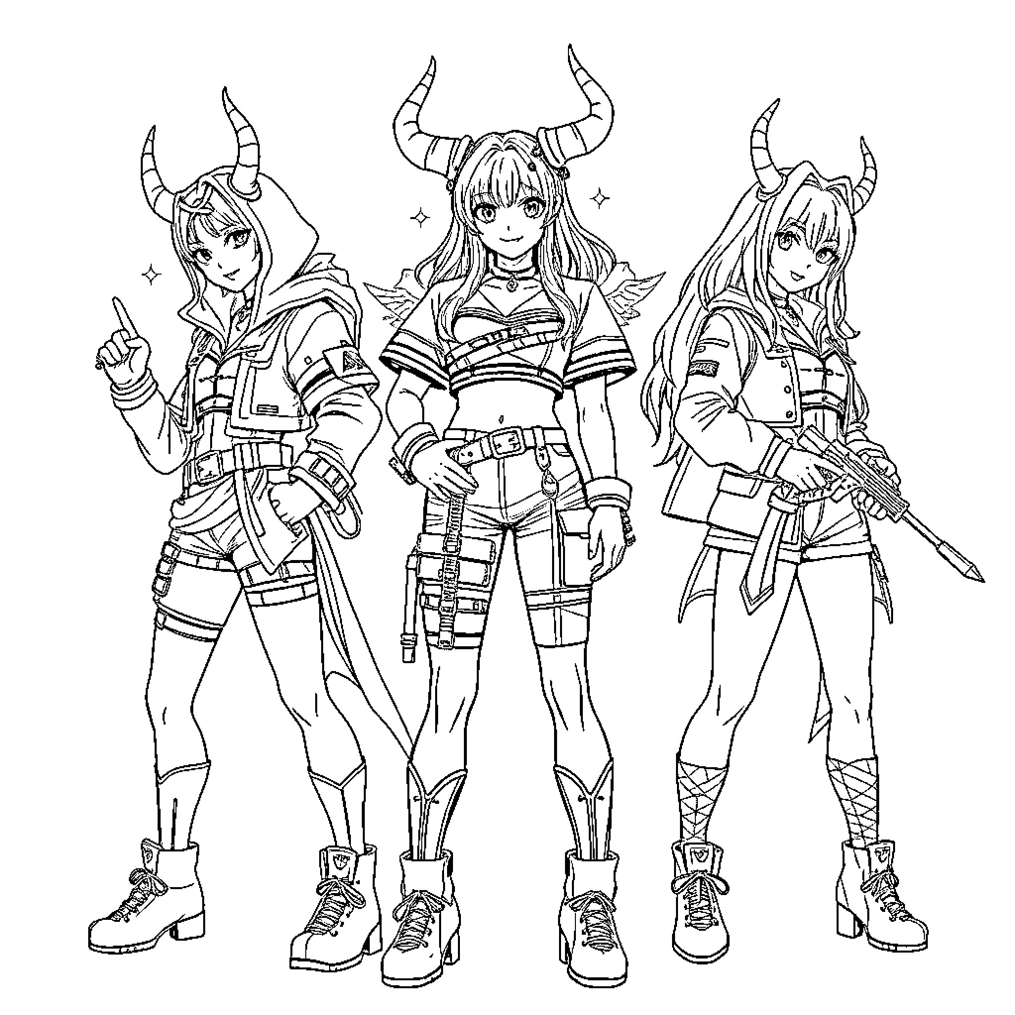 Demon Hunters in Fierce Action Poses Coloring Page (free black-and-white line drawing printable PDF for all, from beginners to advanced learners, including children, teens, adults, and seniors)