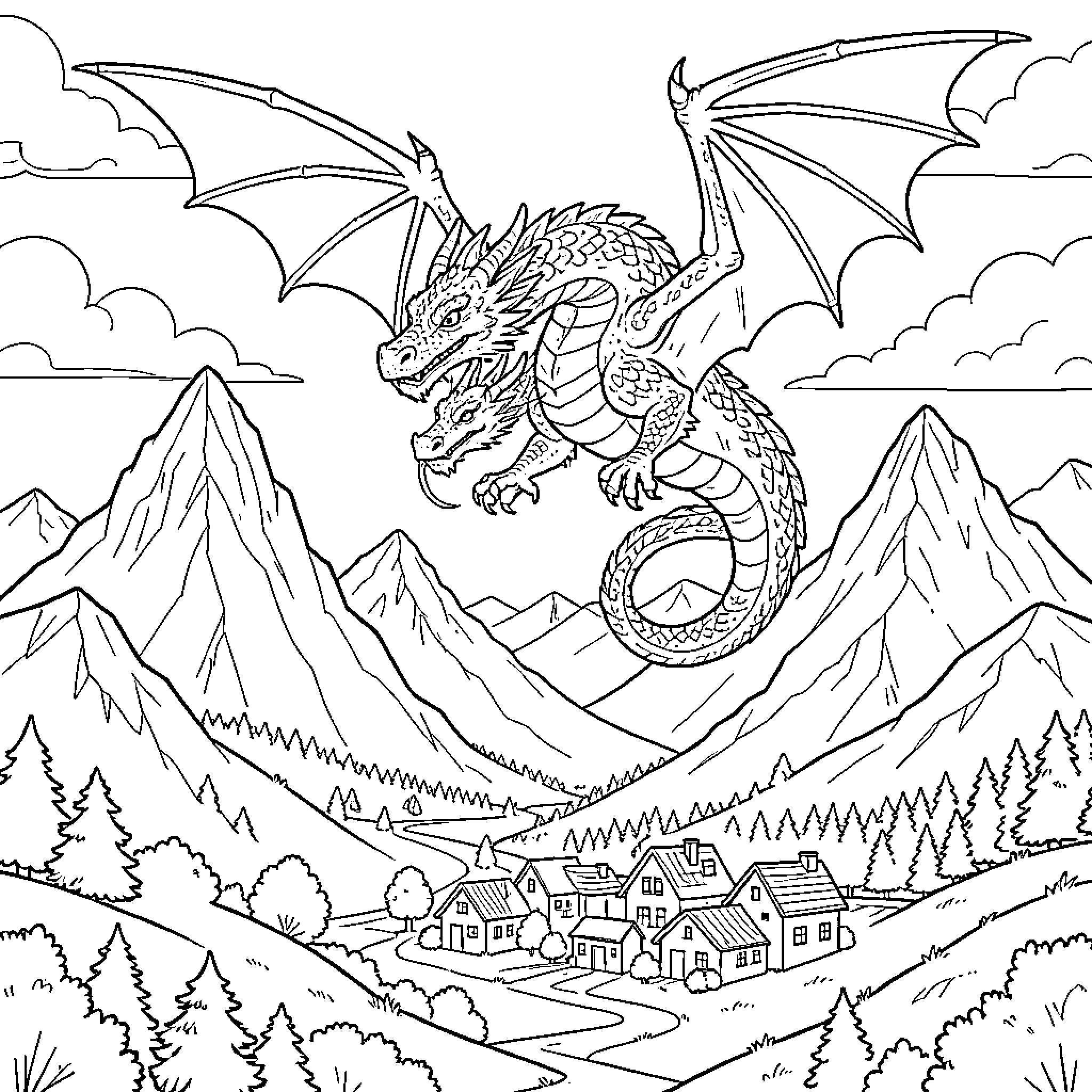 Dragon flying majestically over a mountain village Coloring Page (free black-and-white line drawing printable PDF for all, from beginners to advanced learners, including children, teens, adults, and seniors)