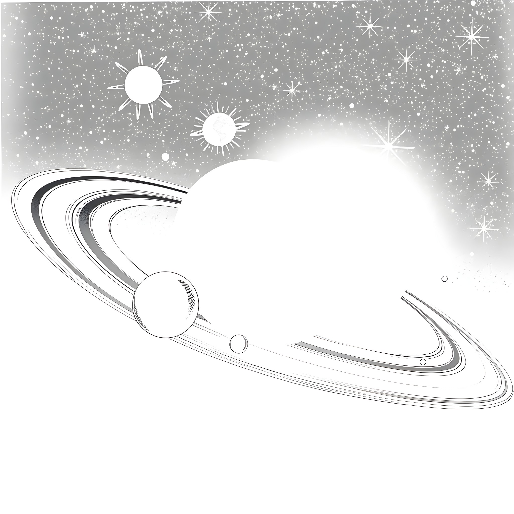 Solar System with Sparkling Stars Coloring Page (free black-and-white line drawing printable PDF for all, from beginners to advanced learners, including children, teens, adults, and seniors)