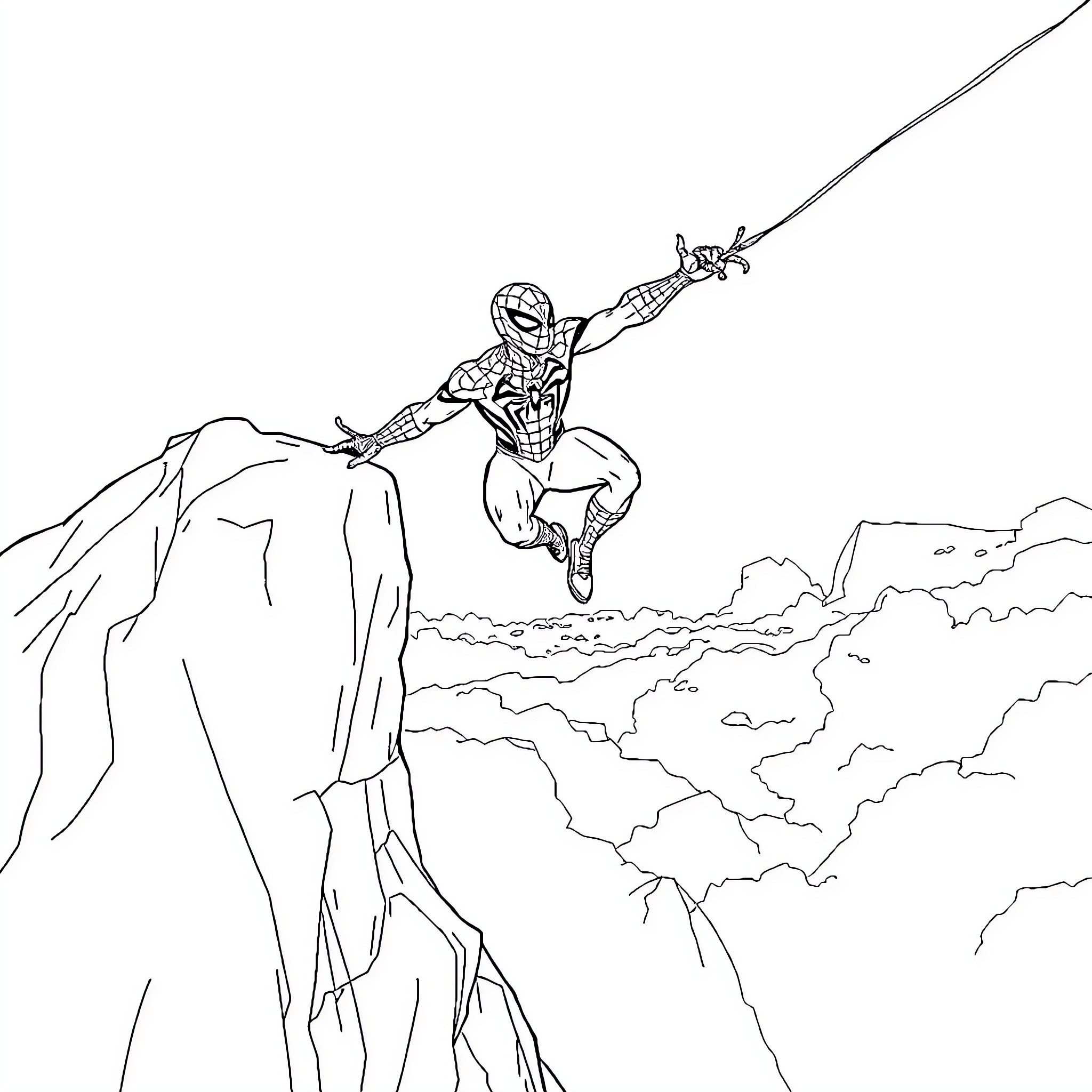 Homem-Aranha swinging through the air with heroic pose Coloring Page (free black-and-white line drawing printable PDF for all, from beginners to advanced learners, including children, teens, adults, and seniors)