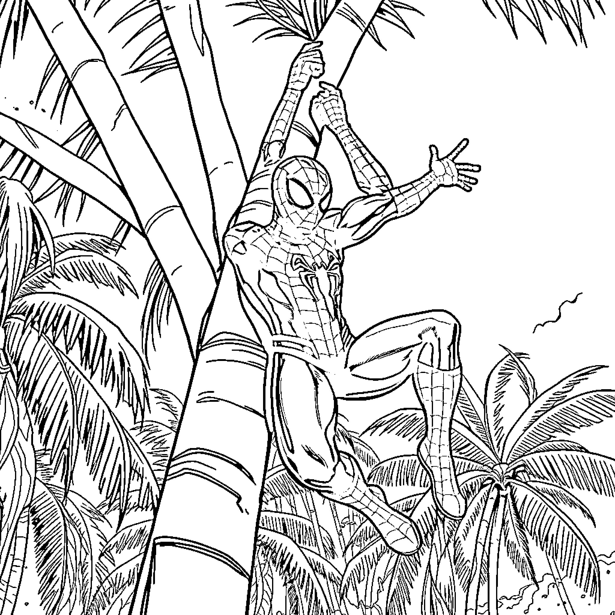 Spiderman Swinging Through Jungle Scenery Coloring Page (free black-and-white line drawing printable PDF for all, from beginners to advanced learners, including children, teens, adults, and seniors)