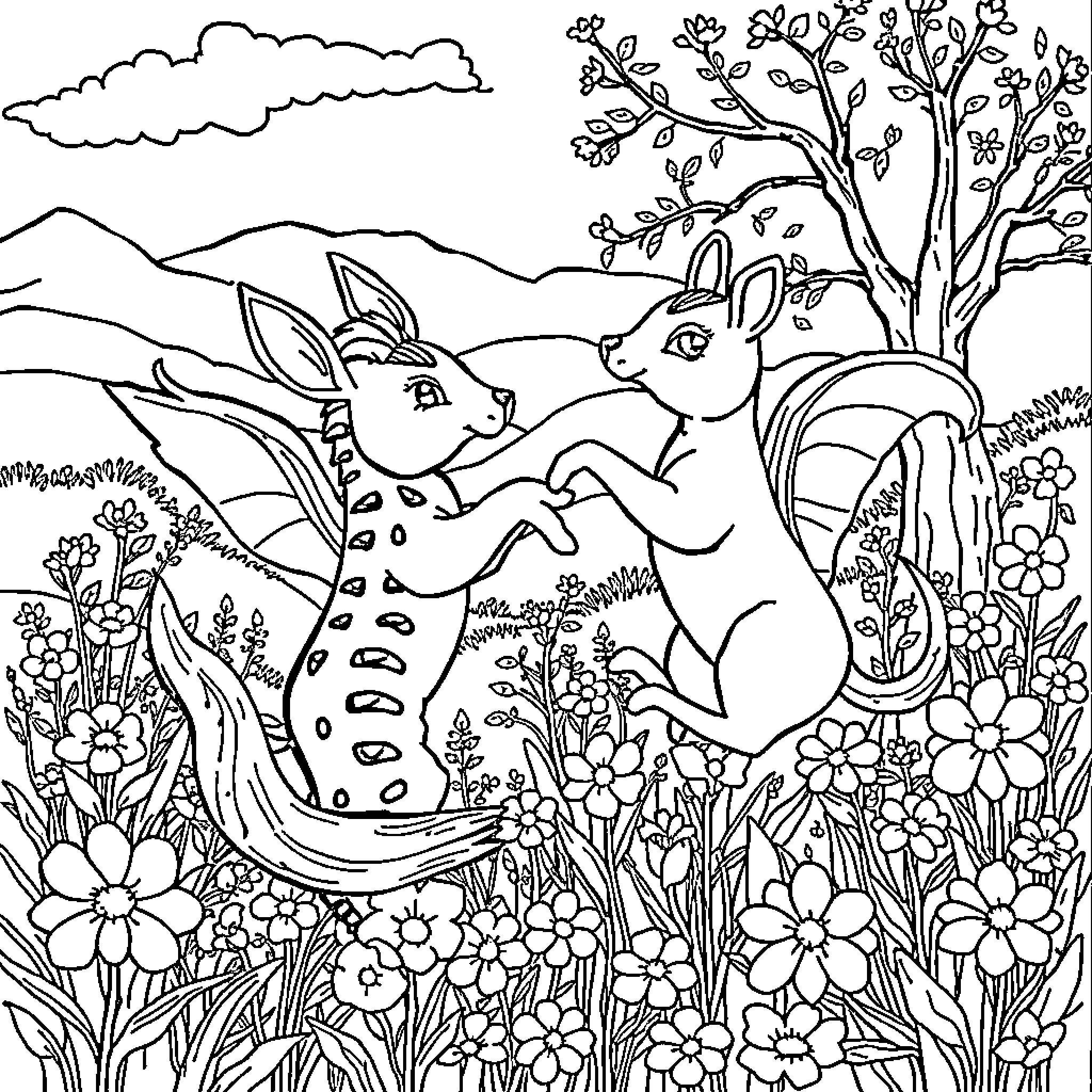 Animal friends in a garden paradise Coloring Page (free black-and-white line drawing printable PDF for all, from beginners to advanced learners, including children, teens, adults, and seniors)