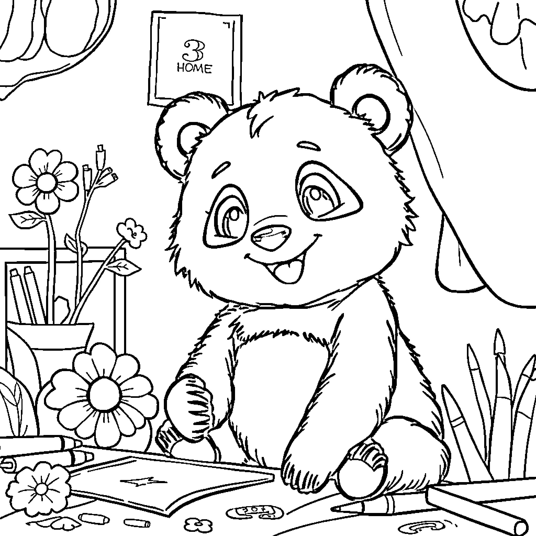 Panda playing happily in its home Coloring Page (free black-and-white line drawing printable PDF for all, from beginners to advanced learners, including children, teens, adults, and seniors)