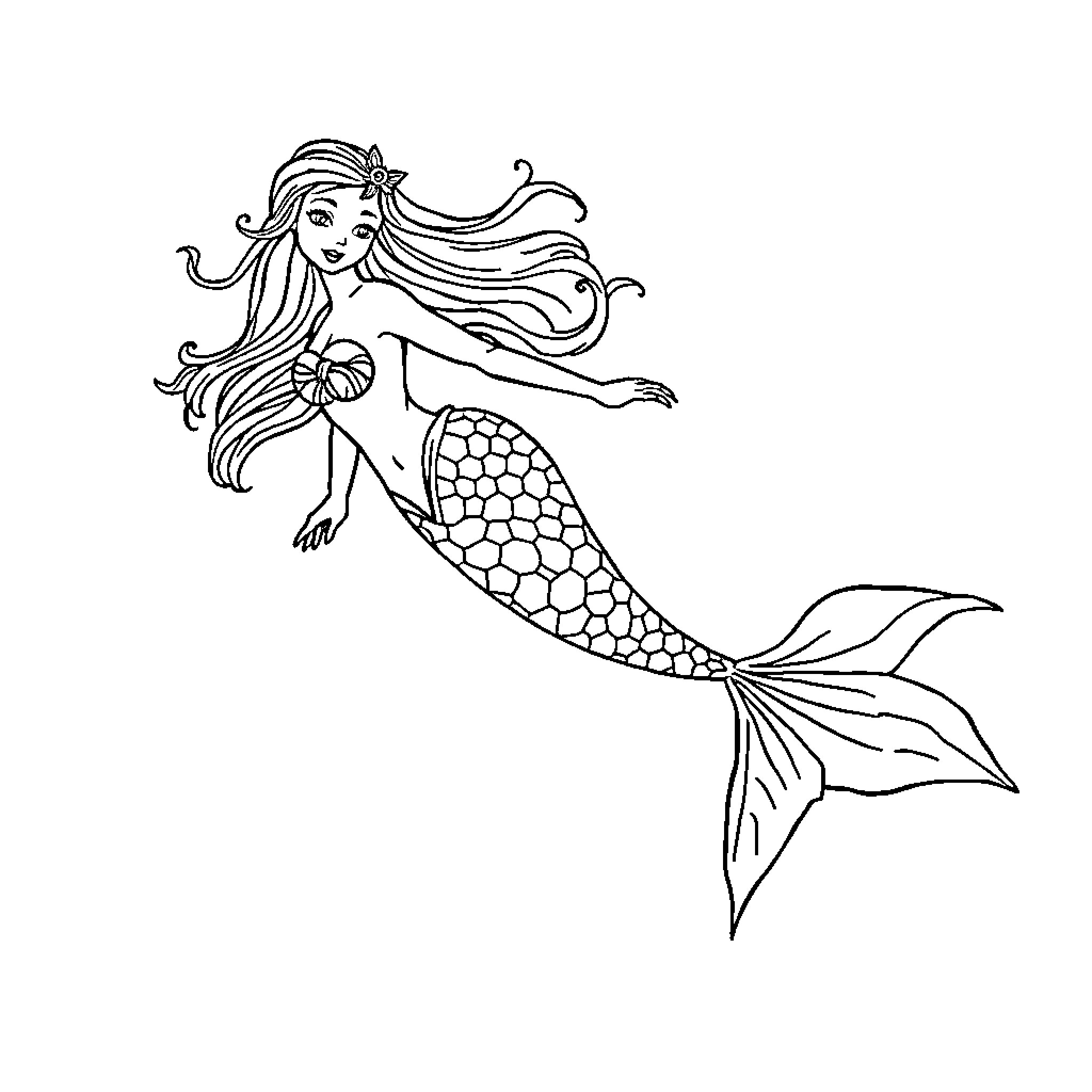 Mermaid swimming gracefully through the ocean Coloring Page (free black-and-white line drawing printable PDF for all, from beginners to advanced learners, including children, teens, adults, and seniors)