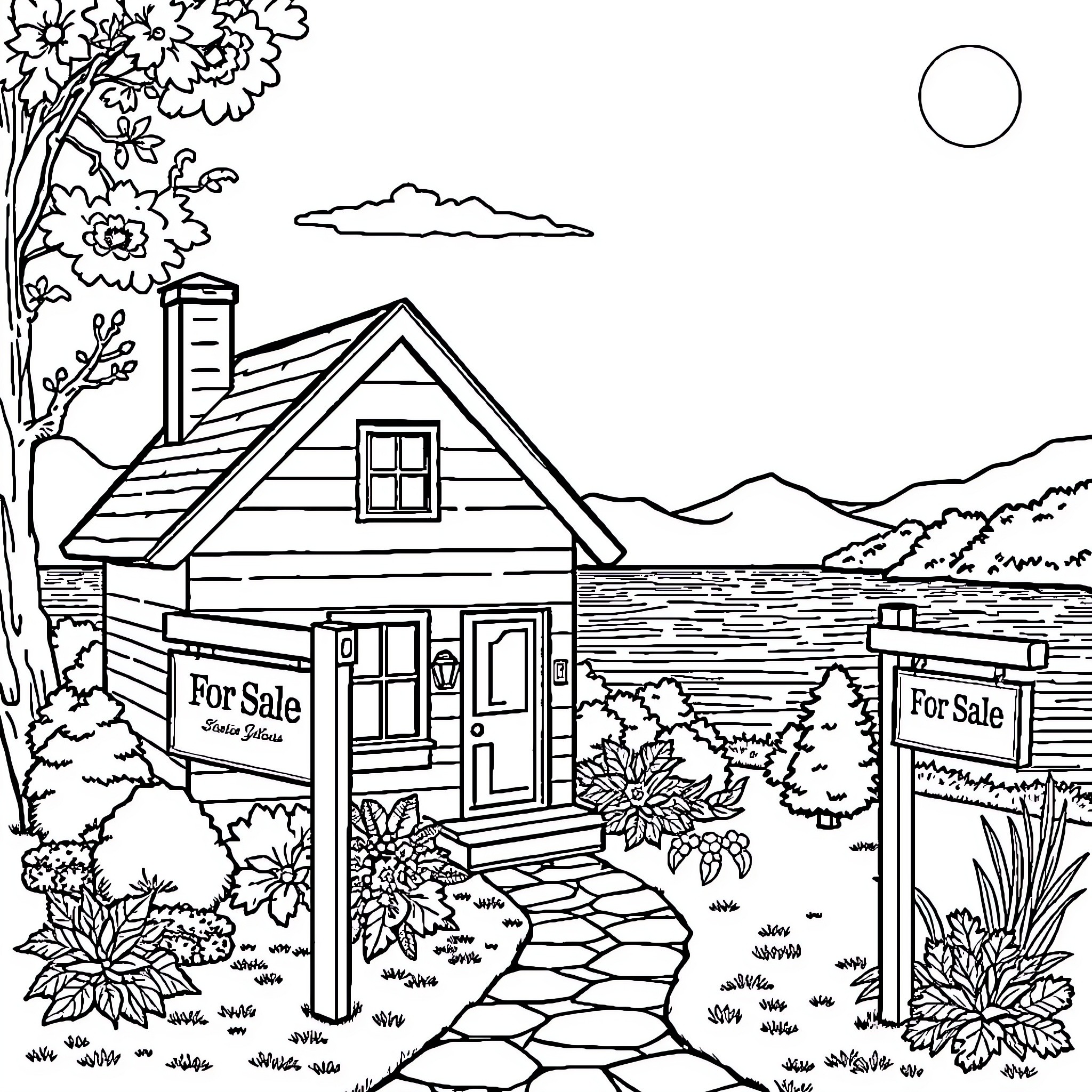 House with 'For Sale' sign in countryside landscape Coloring Page (free black-and-white line drawing printable PDF for all, from beginners to advanced learners, including children, teens, adults, and seniors)