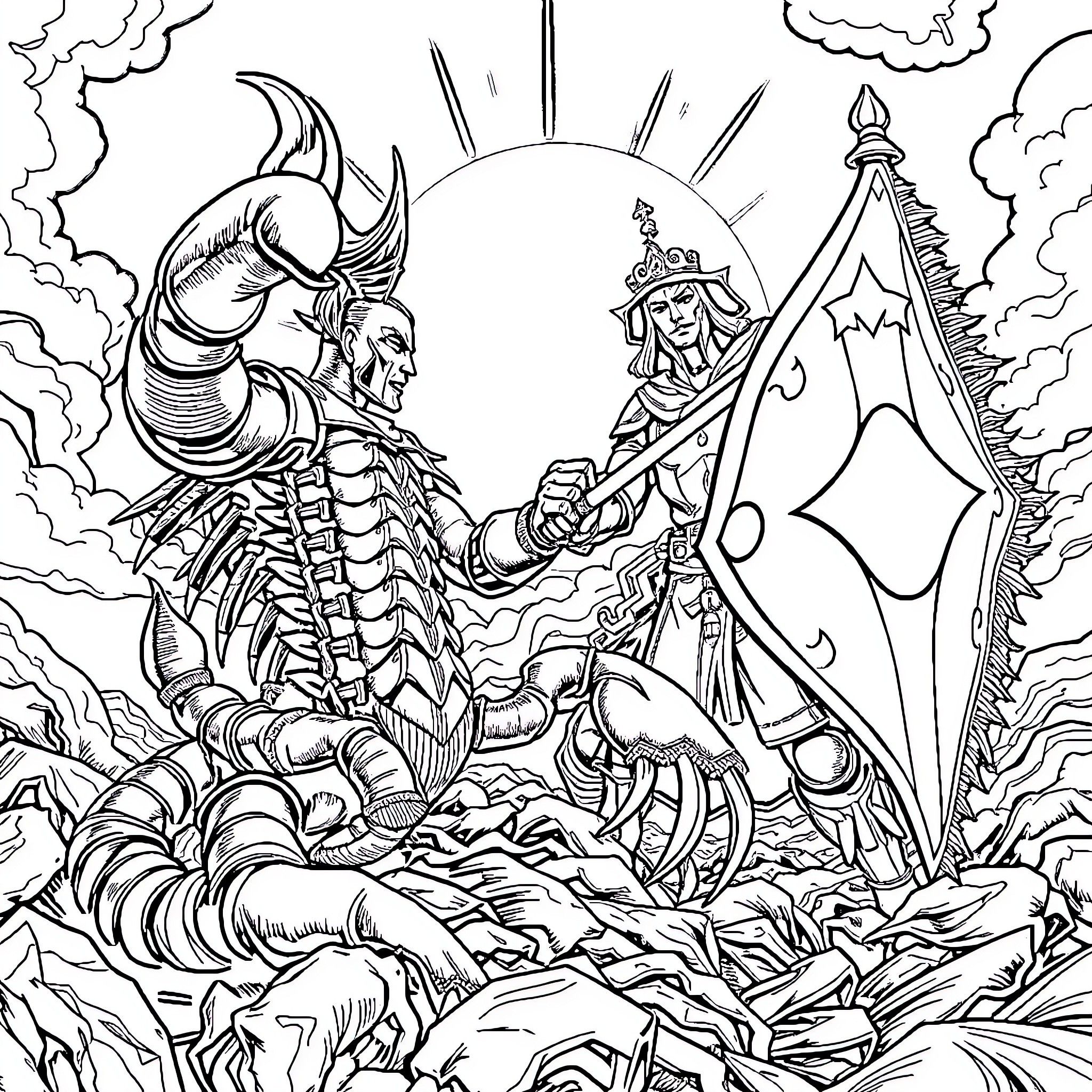 Escorpion's Apocalyptic Showdown with Warrior Coloring Page (free black-and-white line drawing printable PDF for all, from beginners to advanced learners, including children, teens, adults, and seniors)