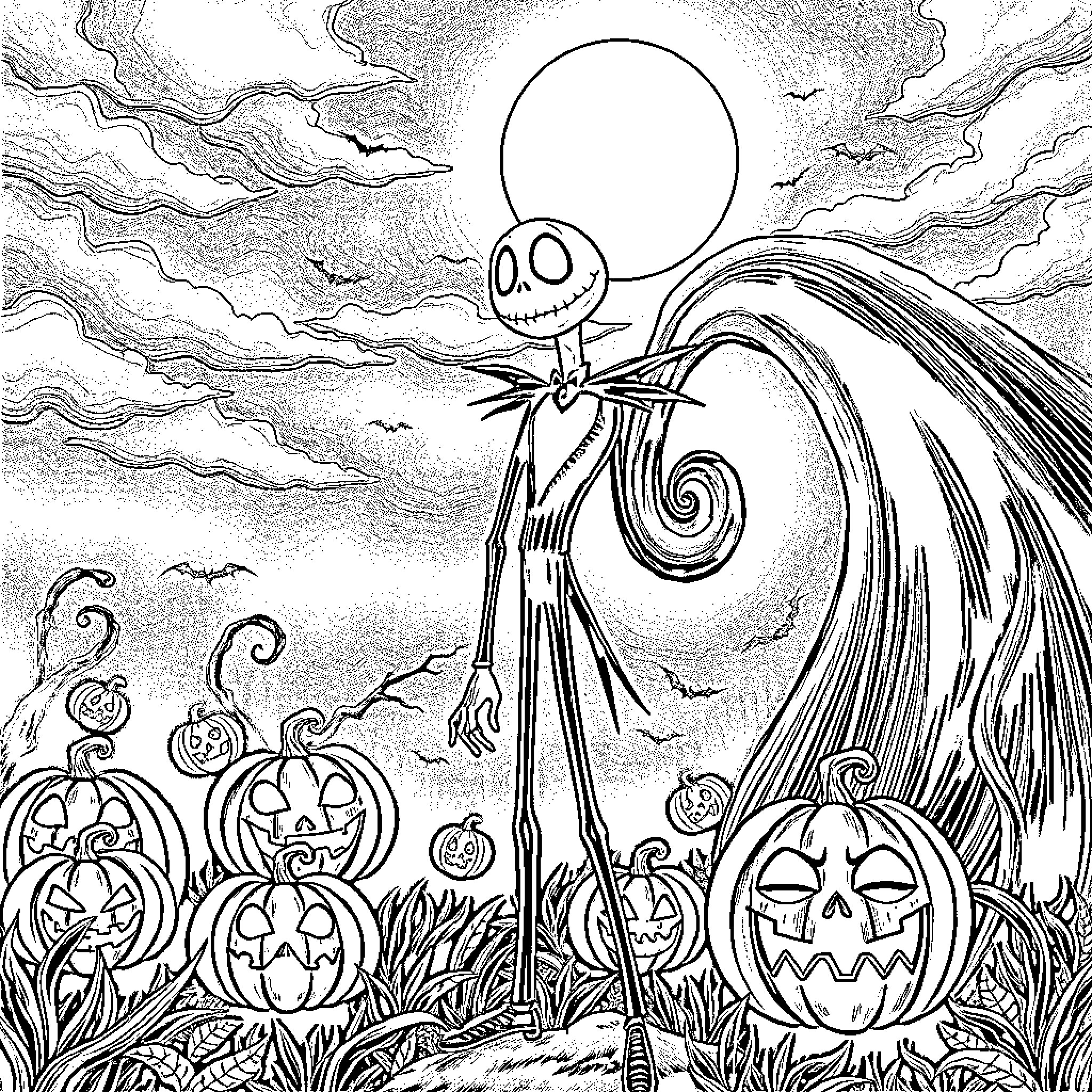 Jack Skellington's Haunting Pumpkin Patch Escapades Coloring Page (free black-and-white line drawing printable PDF for all, from beginners to advanced learners, including children, teens, adults, and seniors)