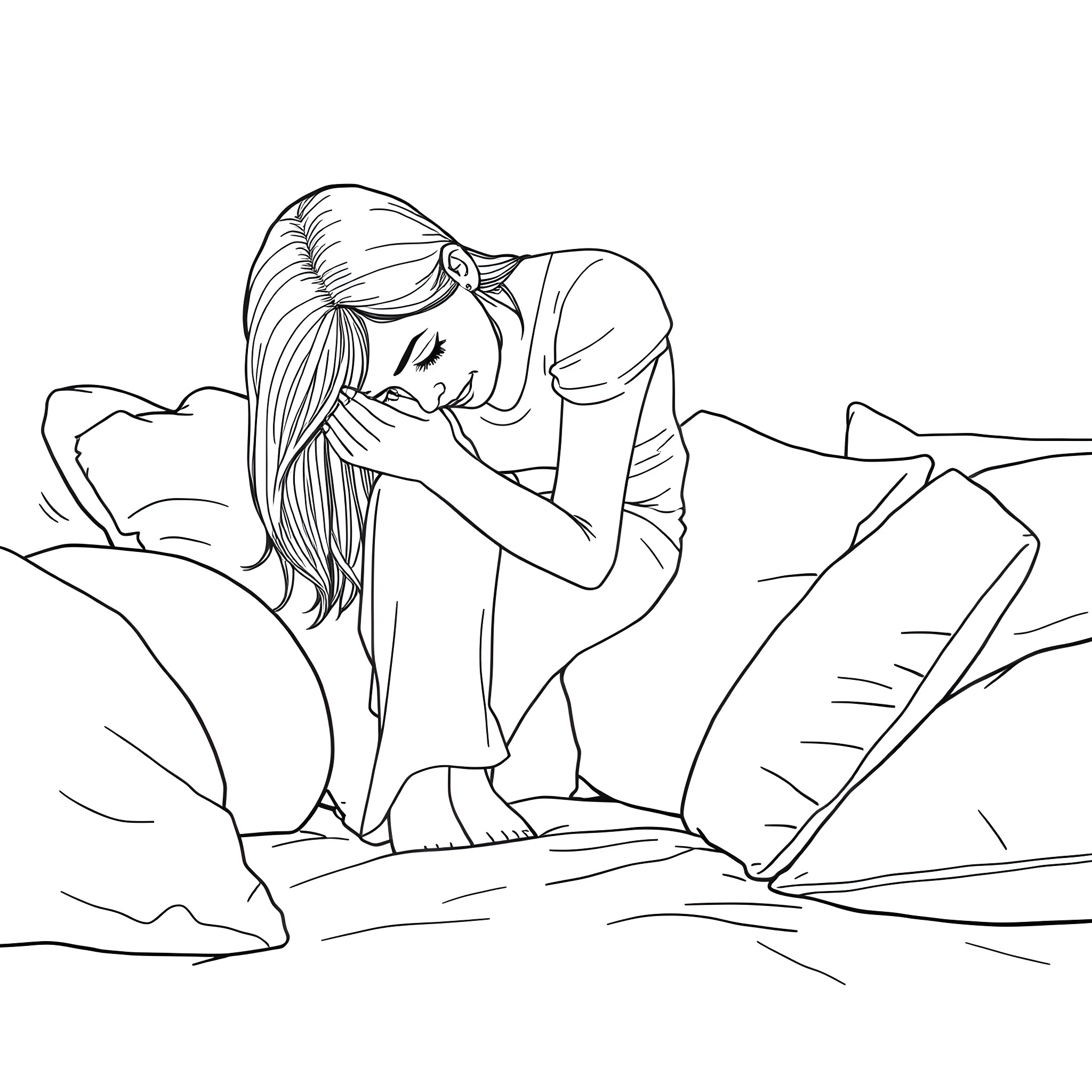 Woman resting with eyes closed on bedding Coloring Page (free black-and-white line drawing printable PDF for all, from beginners to advanced learners, including children, teens, adults, and seniors)