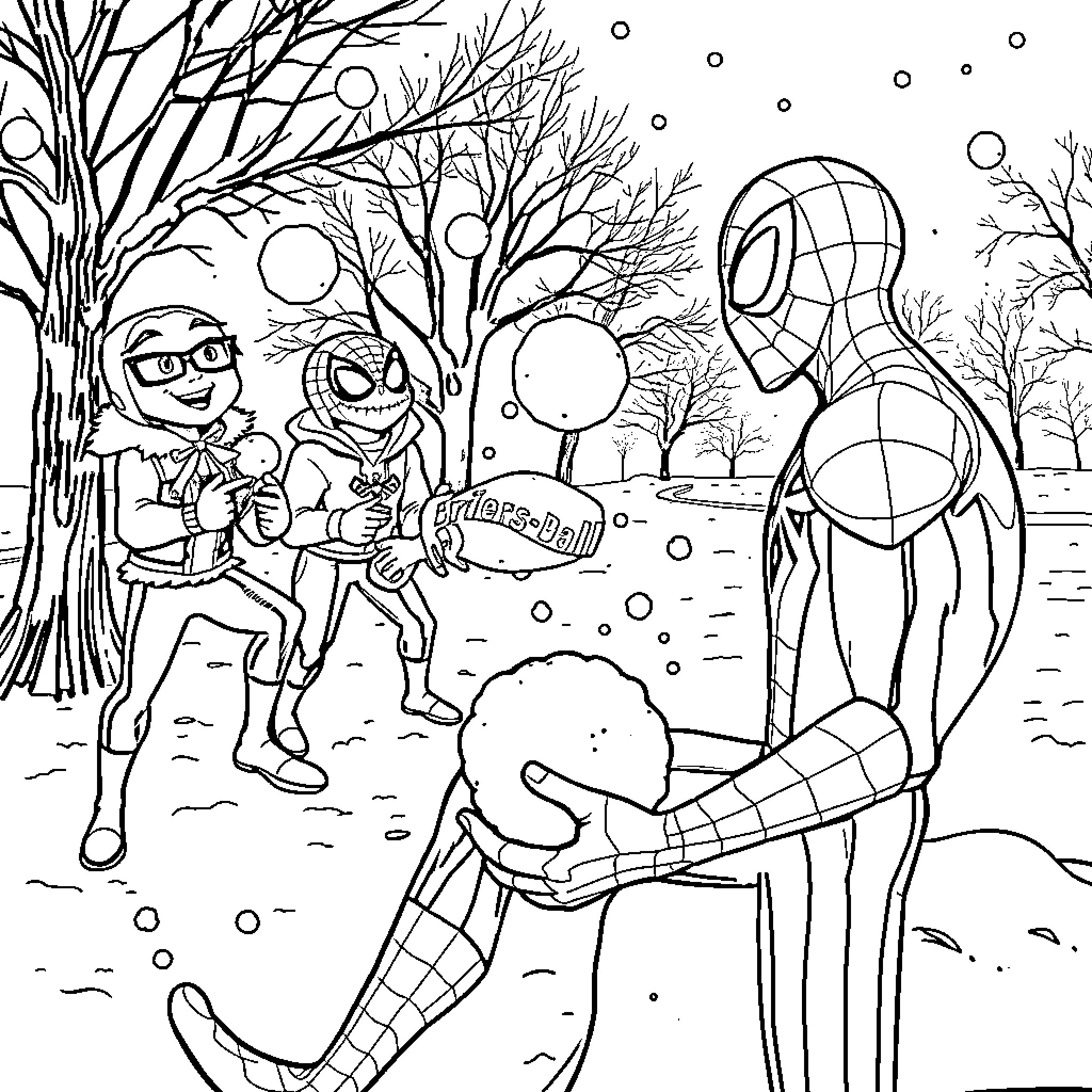 Spider-Friends enjoying a winter wonderland Coloring Page (free black-and-white line drawing printable PDF for all, from beginners to advanced learners, including children, teens, adults, and seniors)
