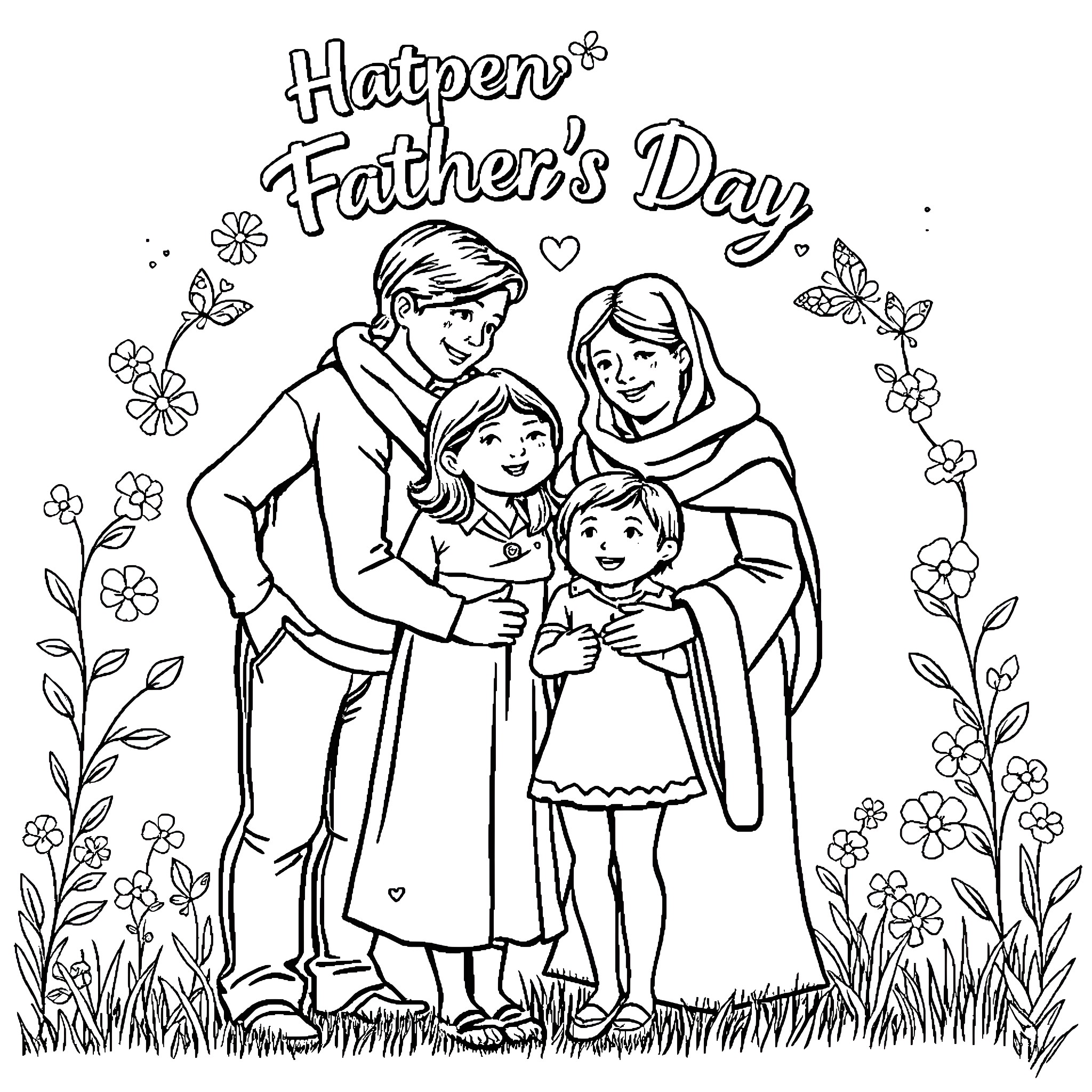 Mother and family celebrating Father's Day outdoors Coloring Page (free black-and-white line drawing printable PDF for all, from beginners to advanced learners, including children, teens, adults, and seniors)