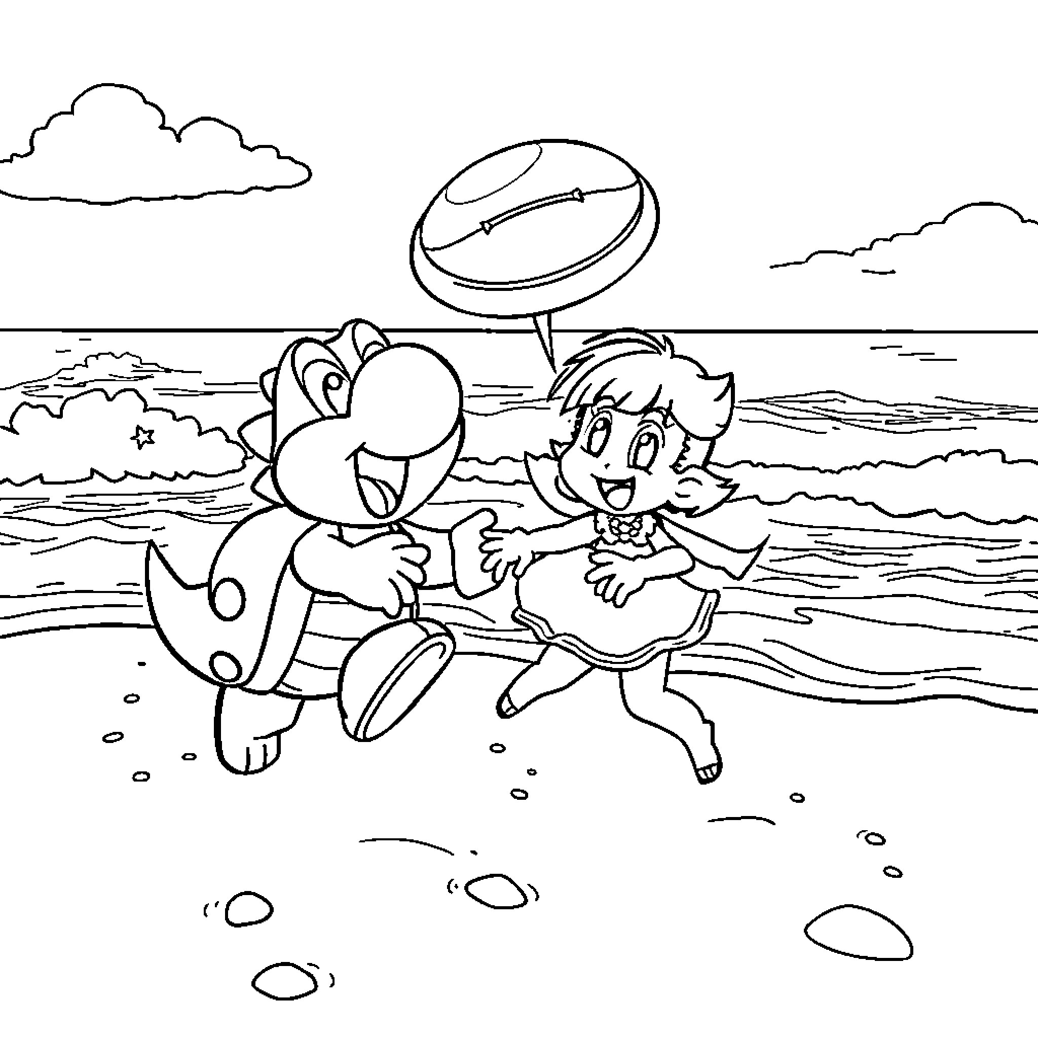 Koopaling characters running and laughing on the beach Coloring Page (free black-and-white line drawing printable PDF for all, from beginners to advanced learners, including children, teens, adults, and seniors)