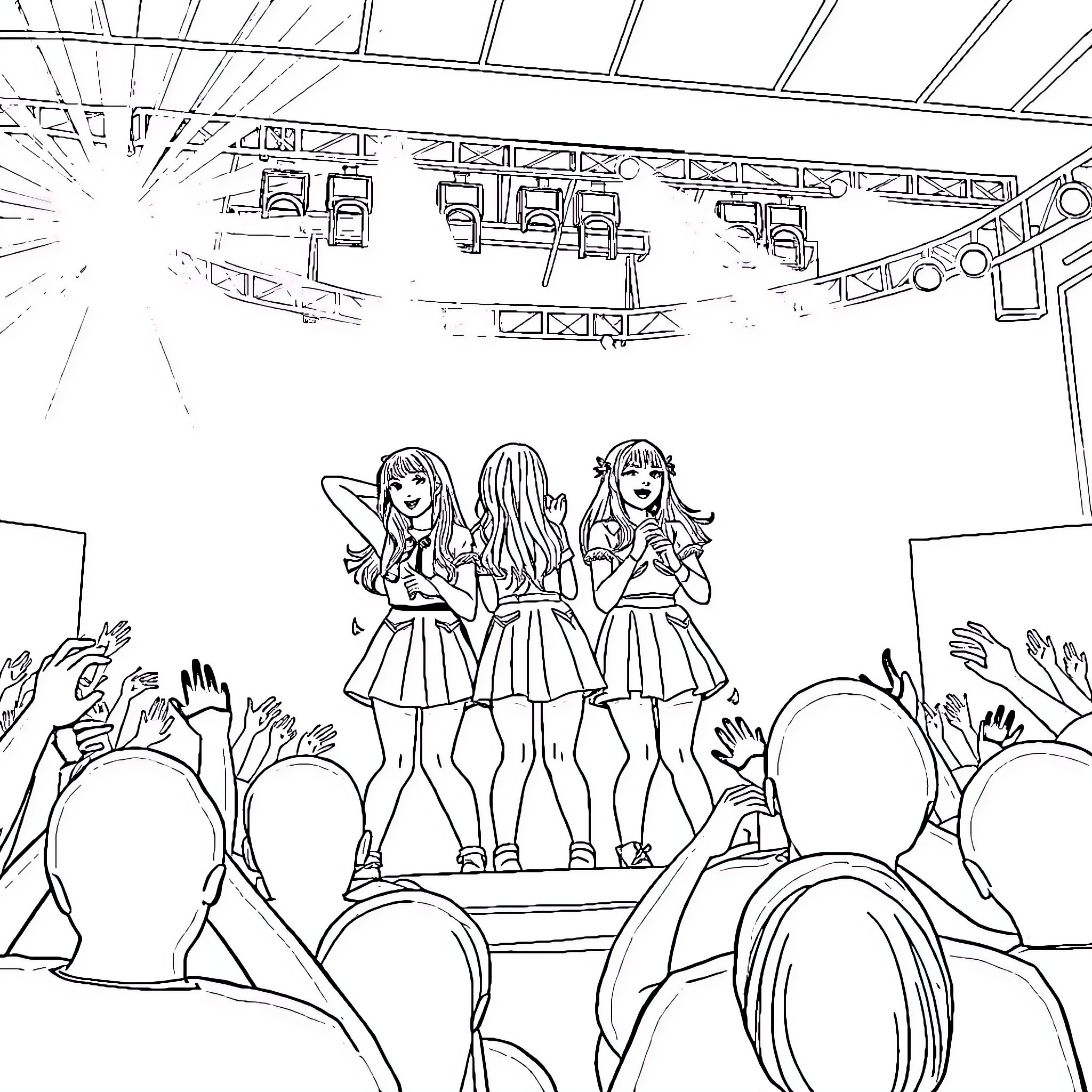 Twice performing on stage with devoted fans Coloring Page (free black-and-white line drawing printable PDF for all, from beginners to advanced learners, including children, teens, adults, and seniors)