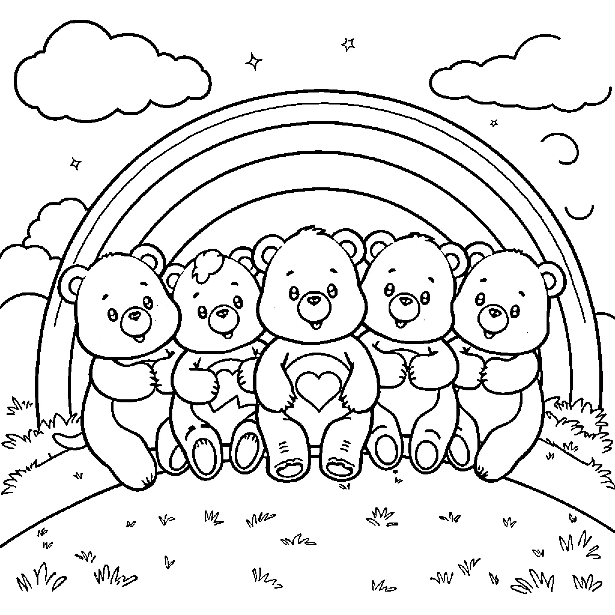 Carebear friends enjoy a rainbow filled day Coloring Page (free black-and-white line drawing printable PDF for all, from beginners to advanced learners, including children, teens, adults, and seniors)