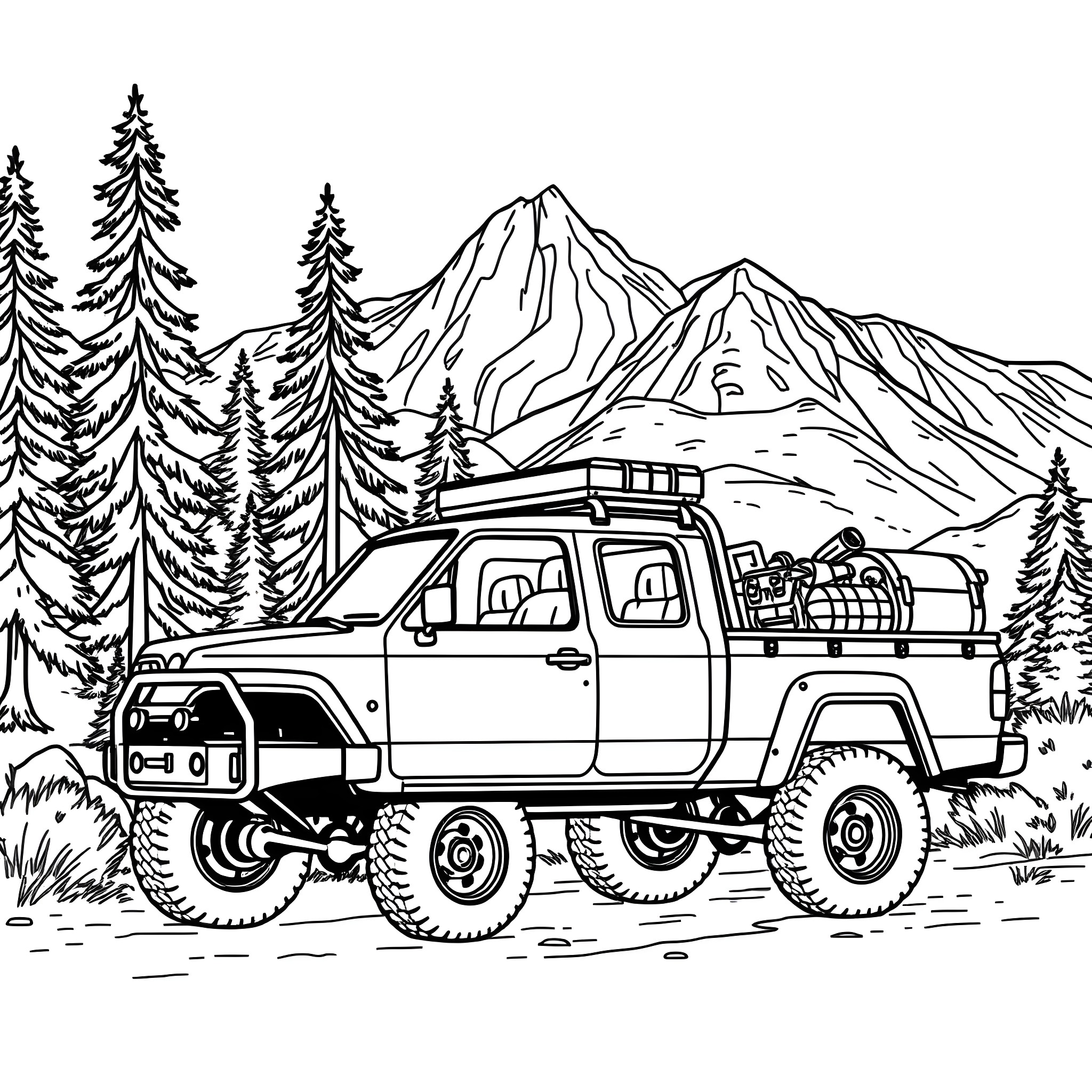 Pick Up Truck Exploring the Rugged Mountain Landscape Coloring Page (free black-and-white line drawing printable PDF for all, from beginners to advanced learners, including children, teens, adults, and seniors)
