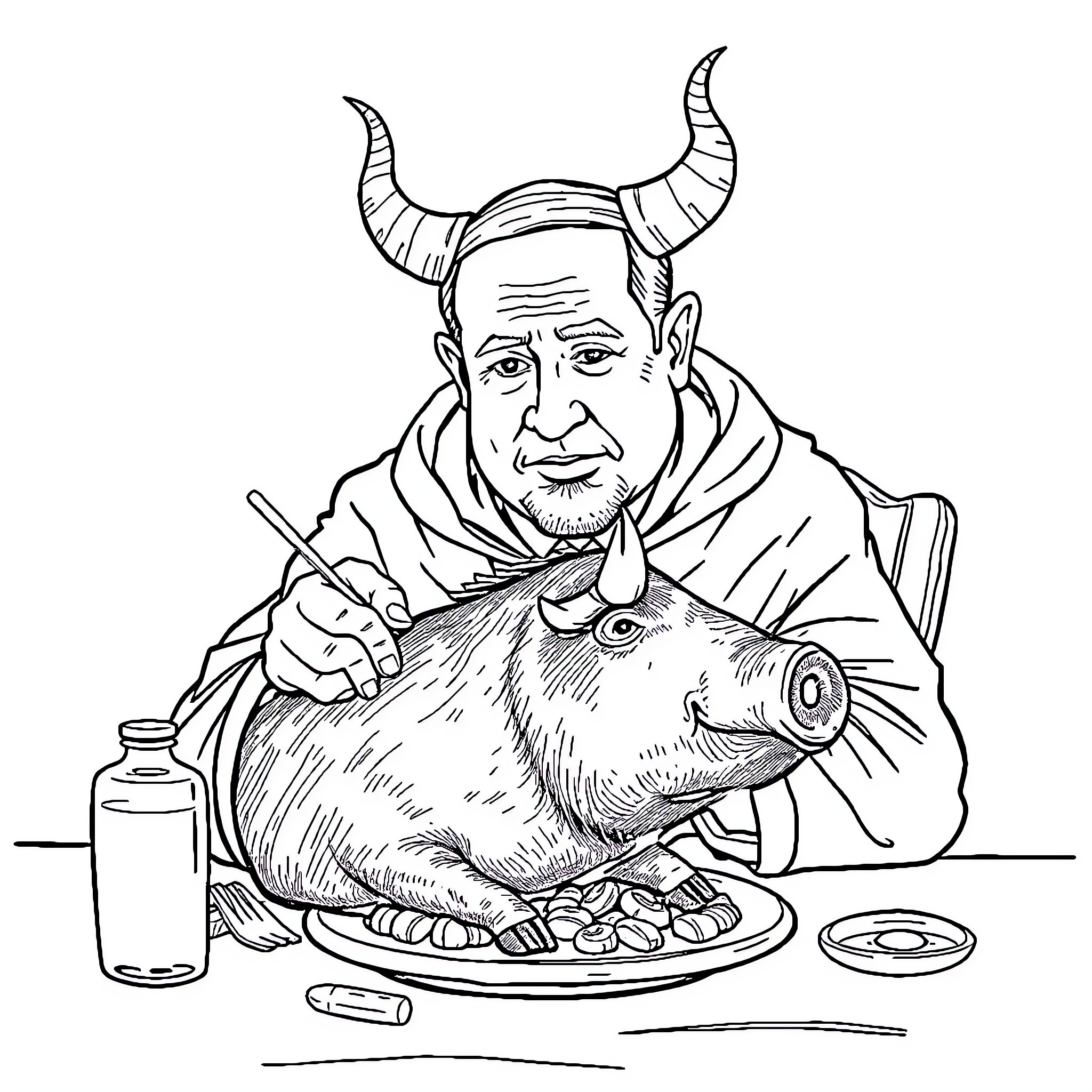 Benyamin Netanyahu eating roasted pig on a plate Coloring Page (free black-and-white line drawing printable PDF for all, from beginners to advanced learners, including children, teens, adults, and seniors)