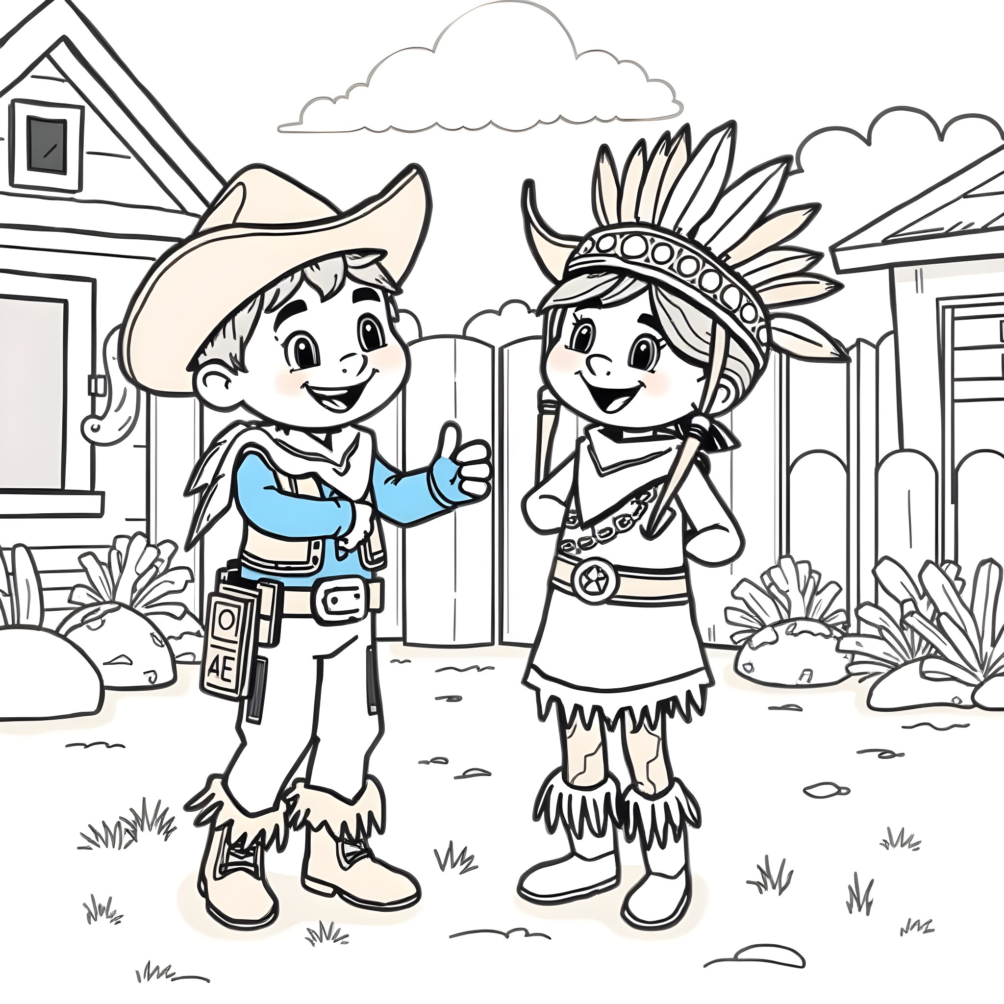 Bluey and friend playing dress-up outdoors Coloring Page (free black-and-white line drawing printable PDF for all, from beginners to advanced learners, including children, teens, adults, and seniors)