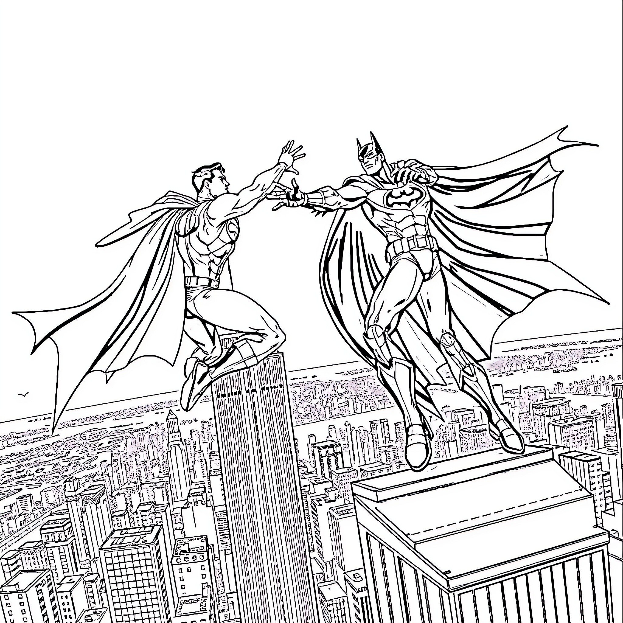 Superman and Batman in epic battle over cityscape Coloring Page (free black-and-white line drawing printable PDF for all, from beginners to advanced learners, including children, teens, adults, and seniors)