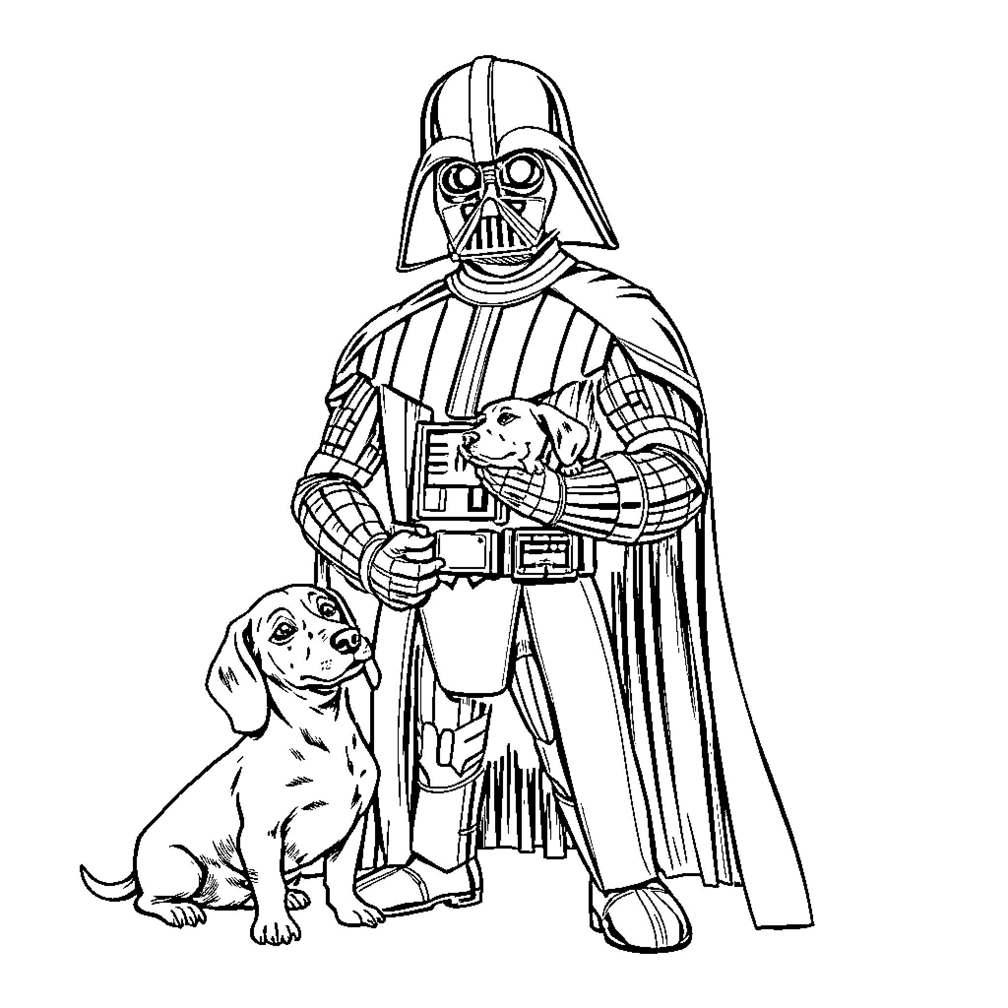 Darth Vader Meets Loyal Canine Companion Coloring Page (free black-and-white line drawing printable PDF for all, from beginners to advanced learners, including children, teens, adults, and seniors)