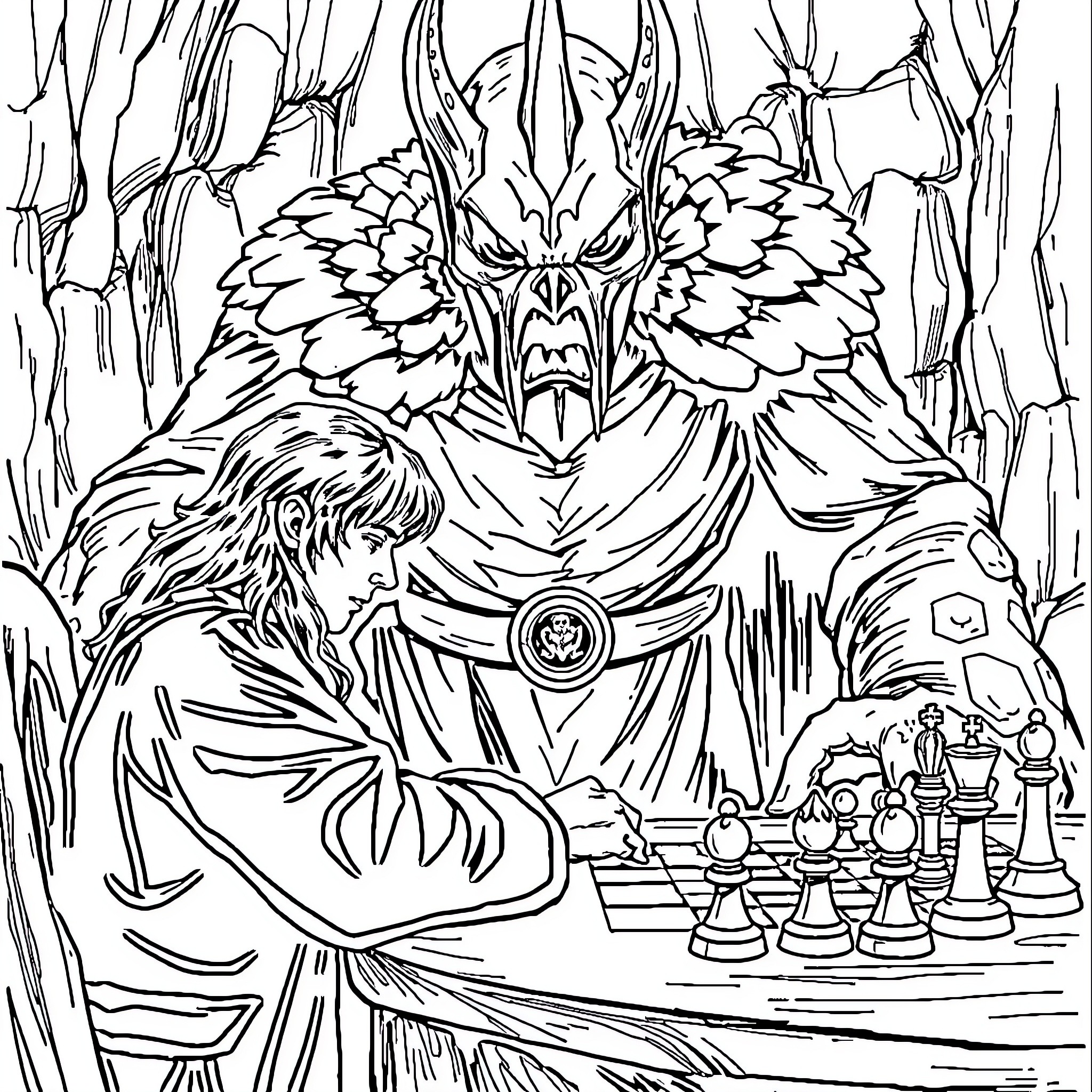 Frodo's Fantastical Chess Match in the Enchanted Forest Coloring Page (free black-and-white line drawing printable PDF for all, from beginners to advanced learners, including children, teens, adults, and seniors)