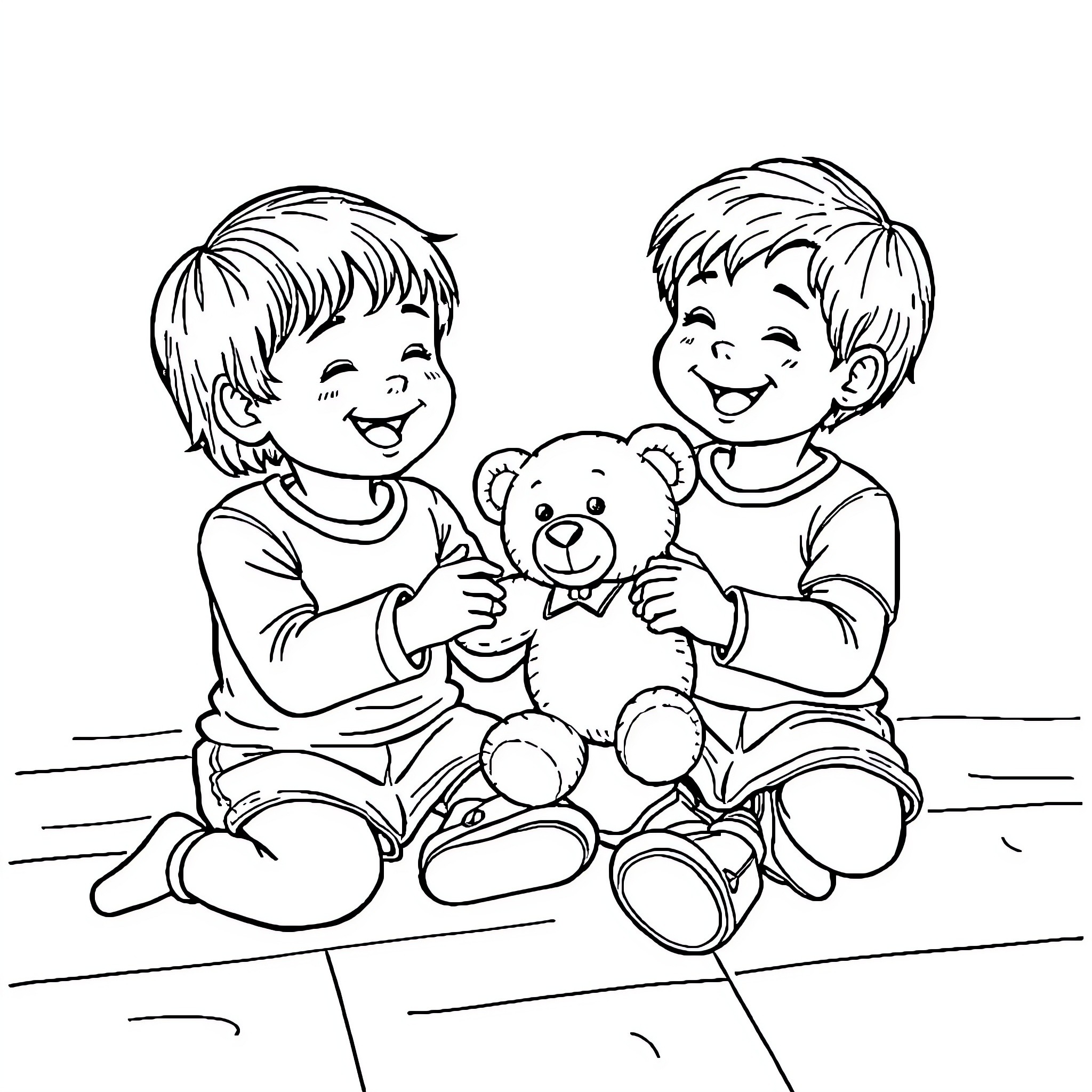 Children playing happily with teddy bear Coloring Page (free black-and-white line drawing printable PDF for all, from beginners to advanced learners, including children, teens, adults, and seniors)