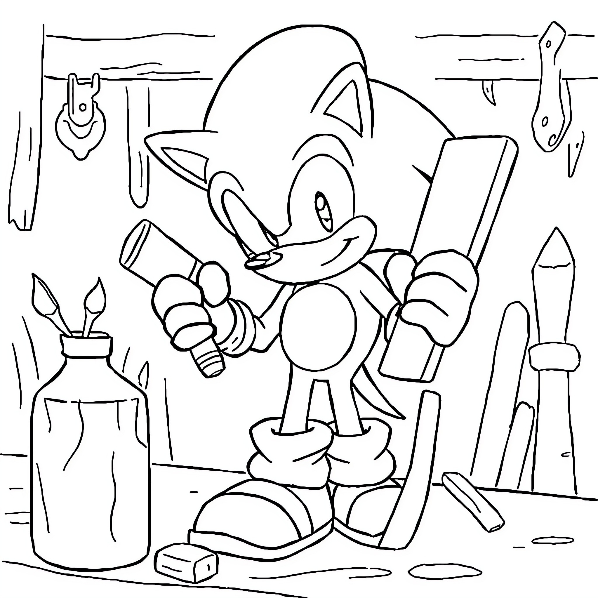 Sonic's Artistic Adventures with Tools and Supplies Coloring Page (free black-and-white line drawing printable PDF for all, from beginners to advanced learners, including children, teens, adults, and seniors)