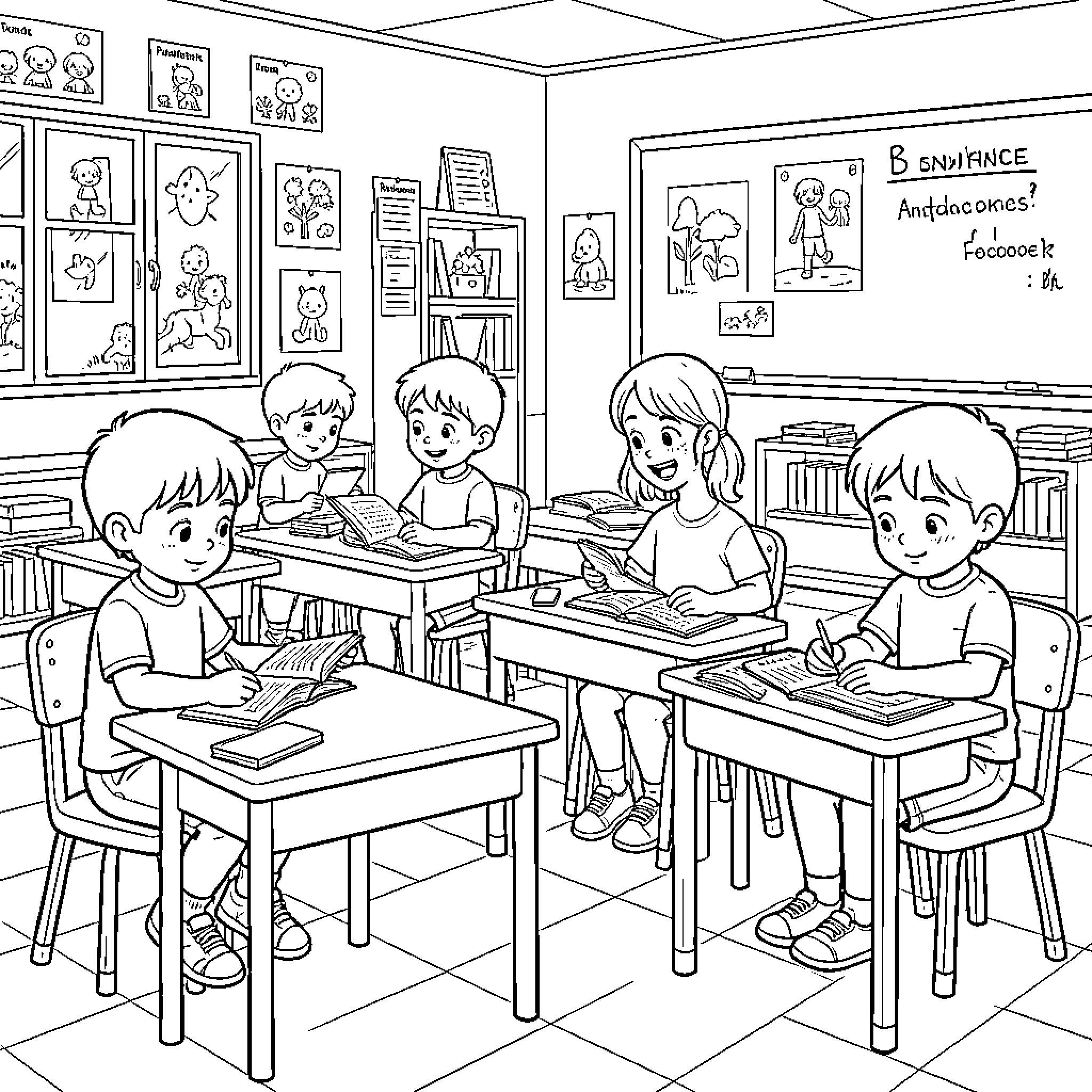 Child students studying attentively at their classroom desks Coloring Page (free black-and-white line drawing printable PDF for all, from beginners to advanced learners, including children, teens, adults, and seniors)