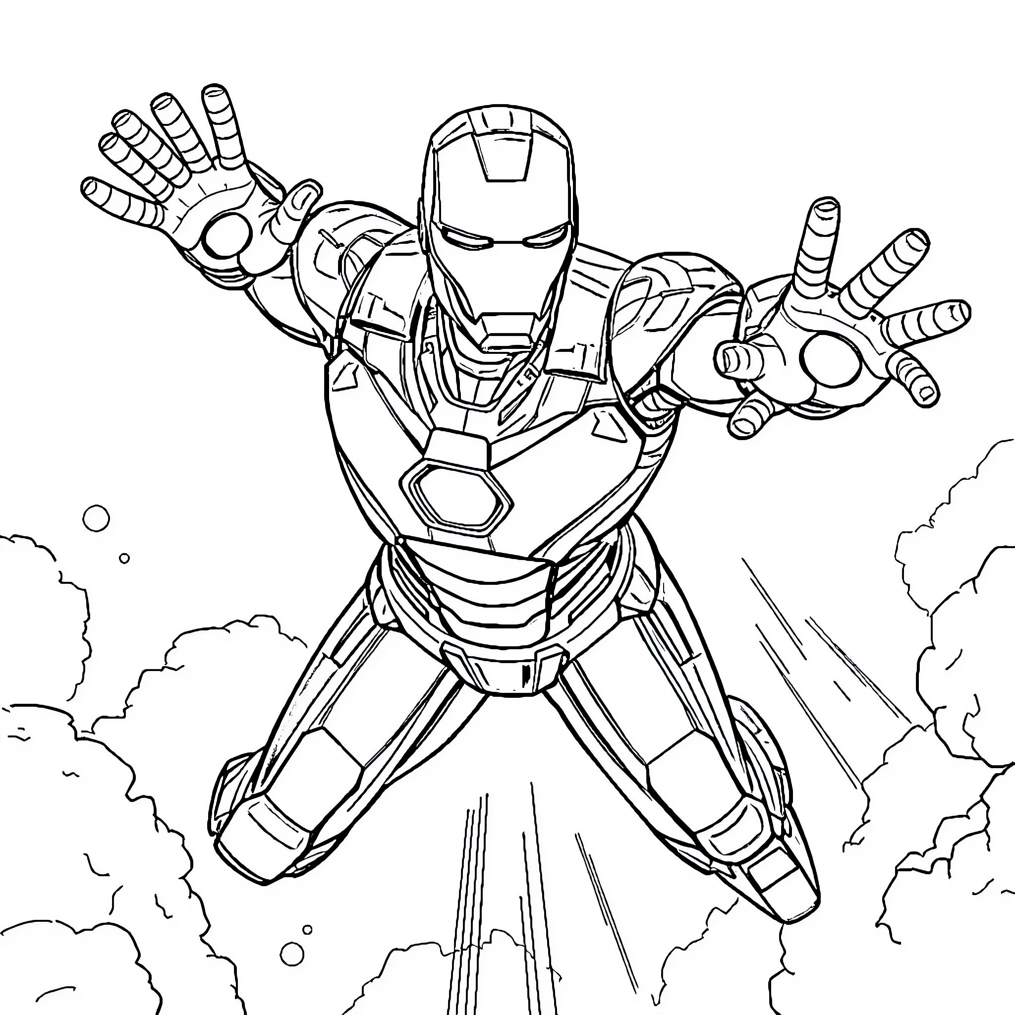 Iron Man Taking Action in Dramatic Scene Coloring Page (free black-and-white line drawing printable PDF for all, from beginners to advanced learners, including children, teens, adults, and seniors)