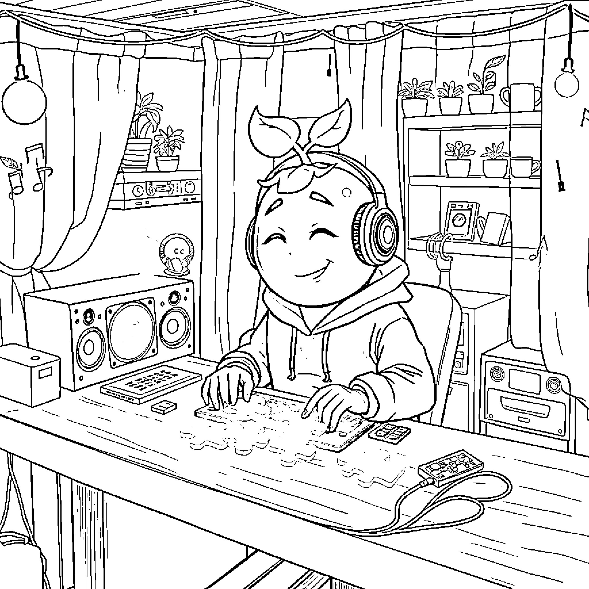 Tomato DJ mixing tunes in cozy studio Coloring Page (free black-and-white line drawing printable PDF for all, from beginners to advanced learners, including children, teens, adults, and seniors)