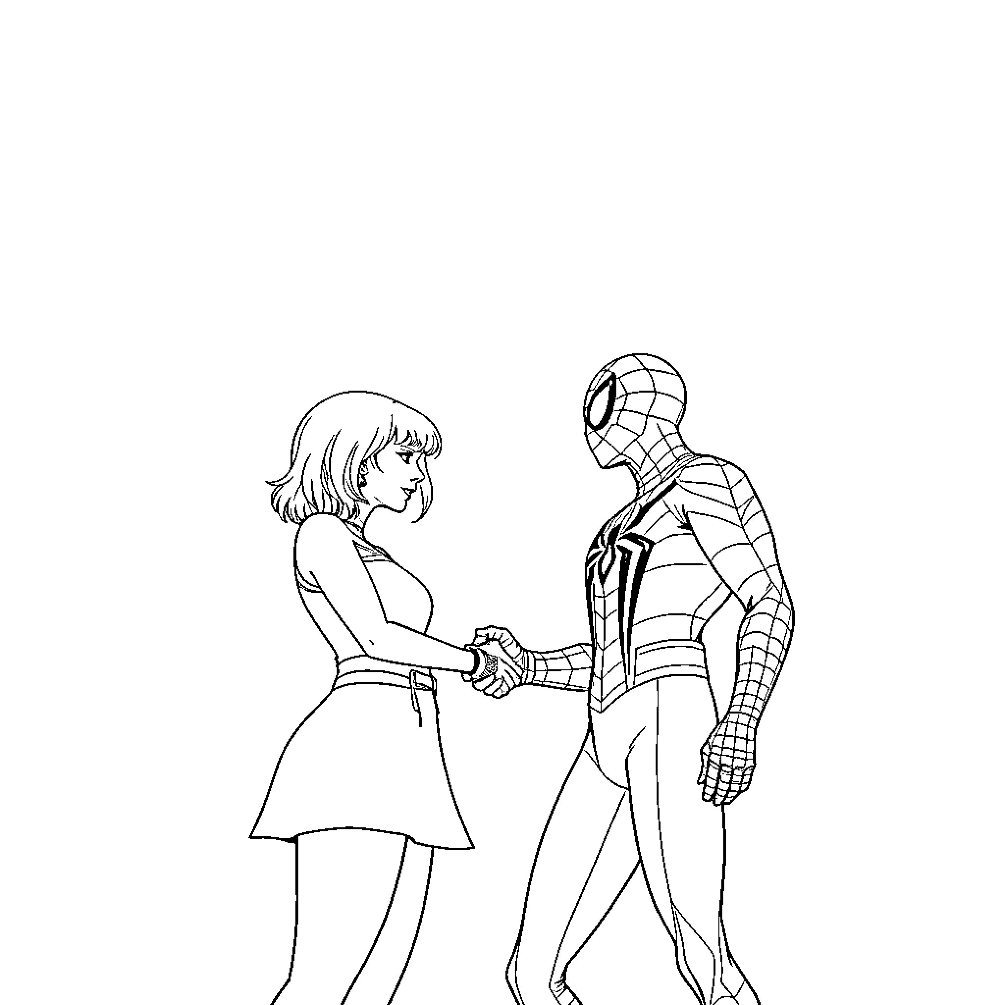Spiderman meeting and interacting with a young woman Coloring Page (free black-and-white line drawing printable PDF for all, from beginners to advanced learners, including children, teens, adults, and seniors)