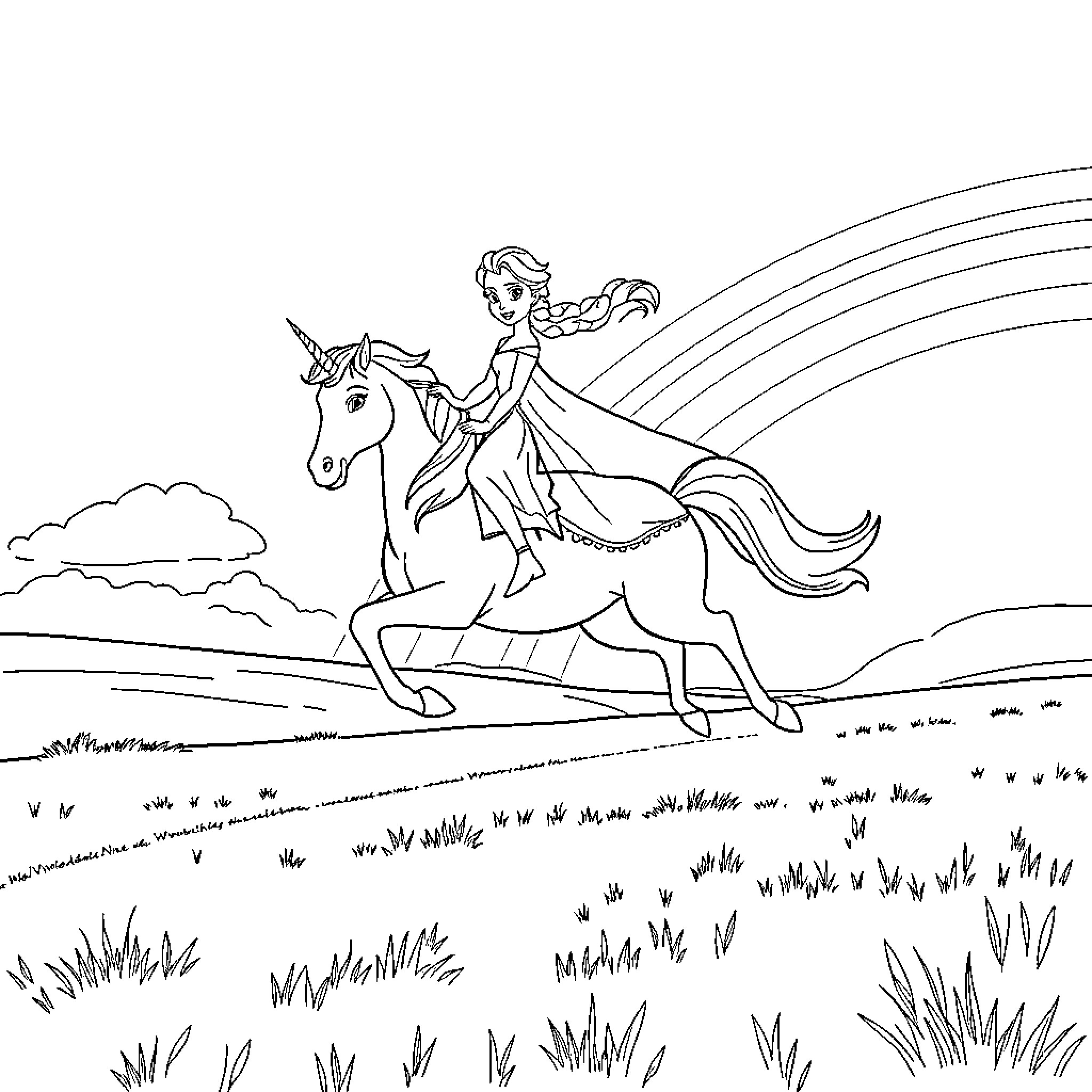 Elsa riding a unicorn through a magical landscape Coloring Page (free black-and-white line drawing printable PDF for all, from beginners to advanced learners, including children, teens, adults, and seniors)
