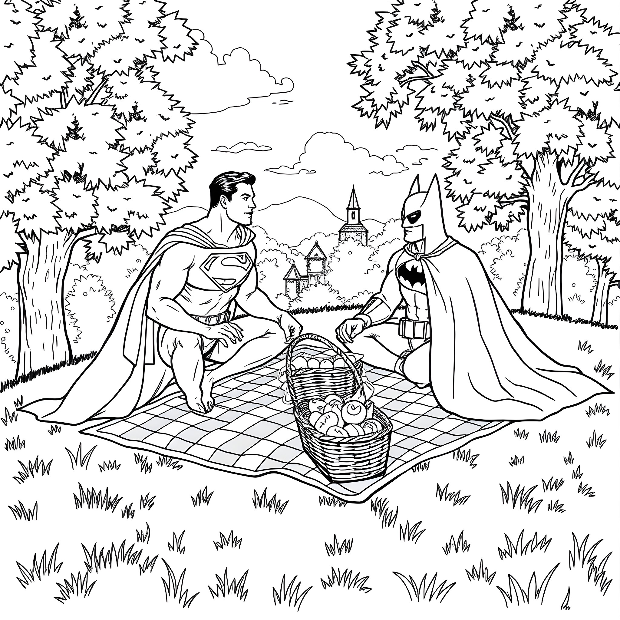 Superman and Batman having a picnic in the forest Coloring Page (free black-and-white line drawing printable PDF for all, from beginners to advanced learners, including children, teens, adults, and seniors)