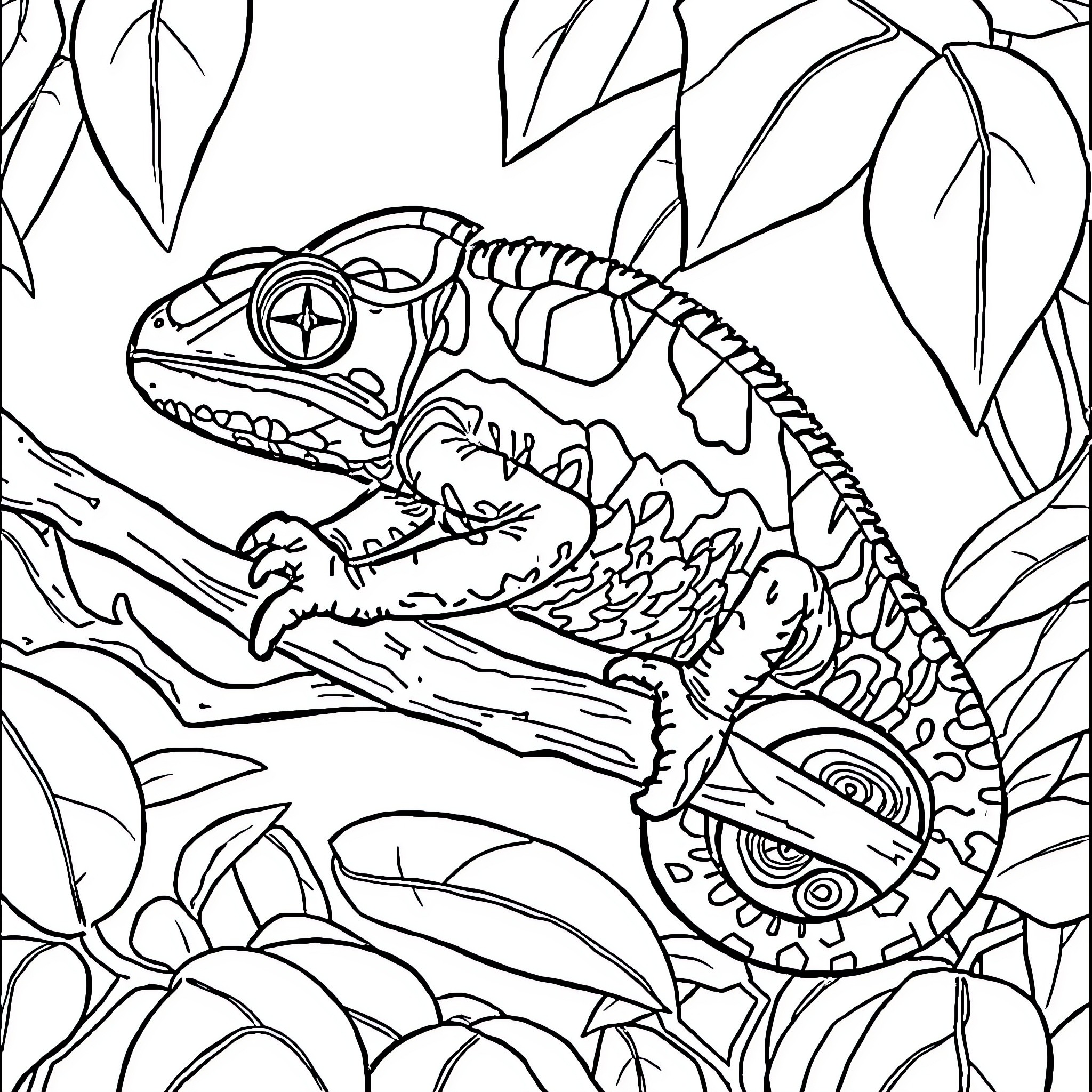 Chameleon hiding among the foliage Coloring Page (free black-and-white line drawing printable PDF for all, from beginners to advanced learners, including children, teens, adults, and seniors)