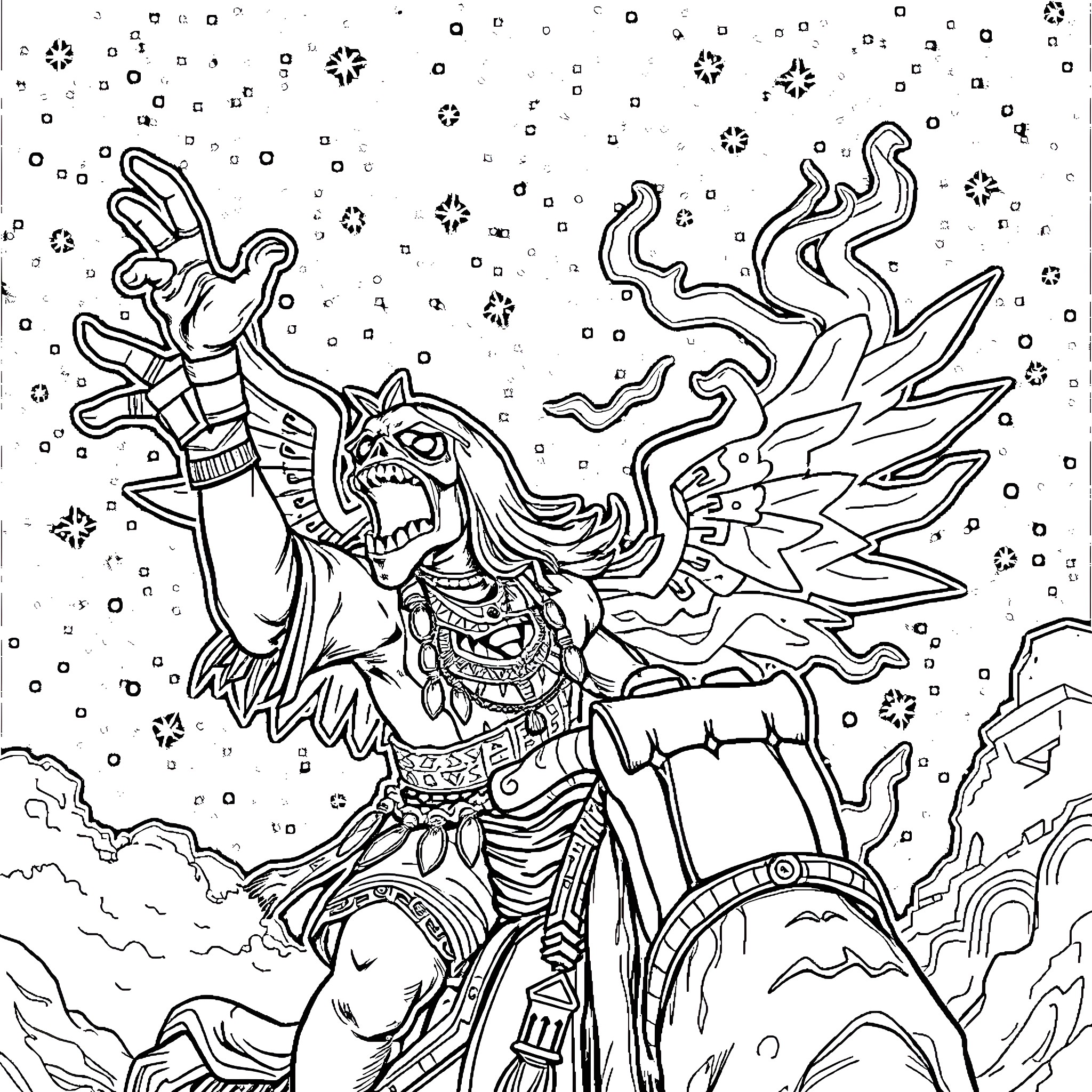 Ghost Rider battles against fierce demonic forces Coloring Page (free black-and-white line drawing printable PDF for all, from beginners to advanced learners, including children, teens, adults, and seniors)