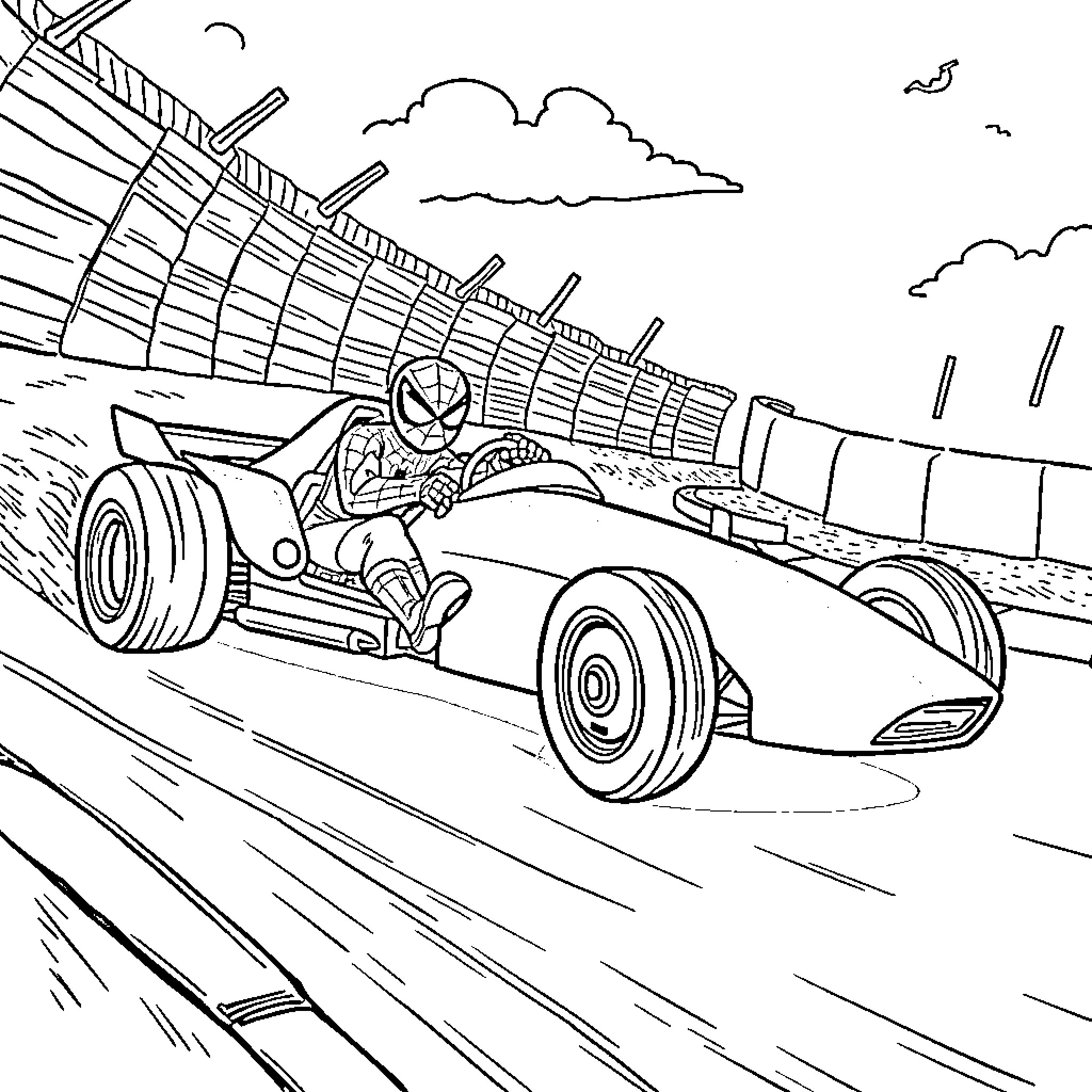 Spiderman driving a high-speed racing car on the track Coloring Page (free black-and-white line drawing printable PDF for all, from beginners to advanced learners, including children, teens, adults, and seniors)