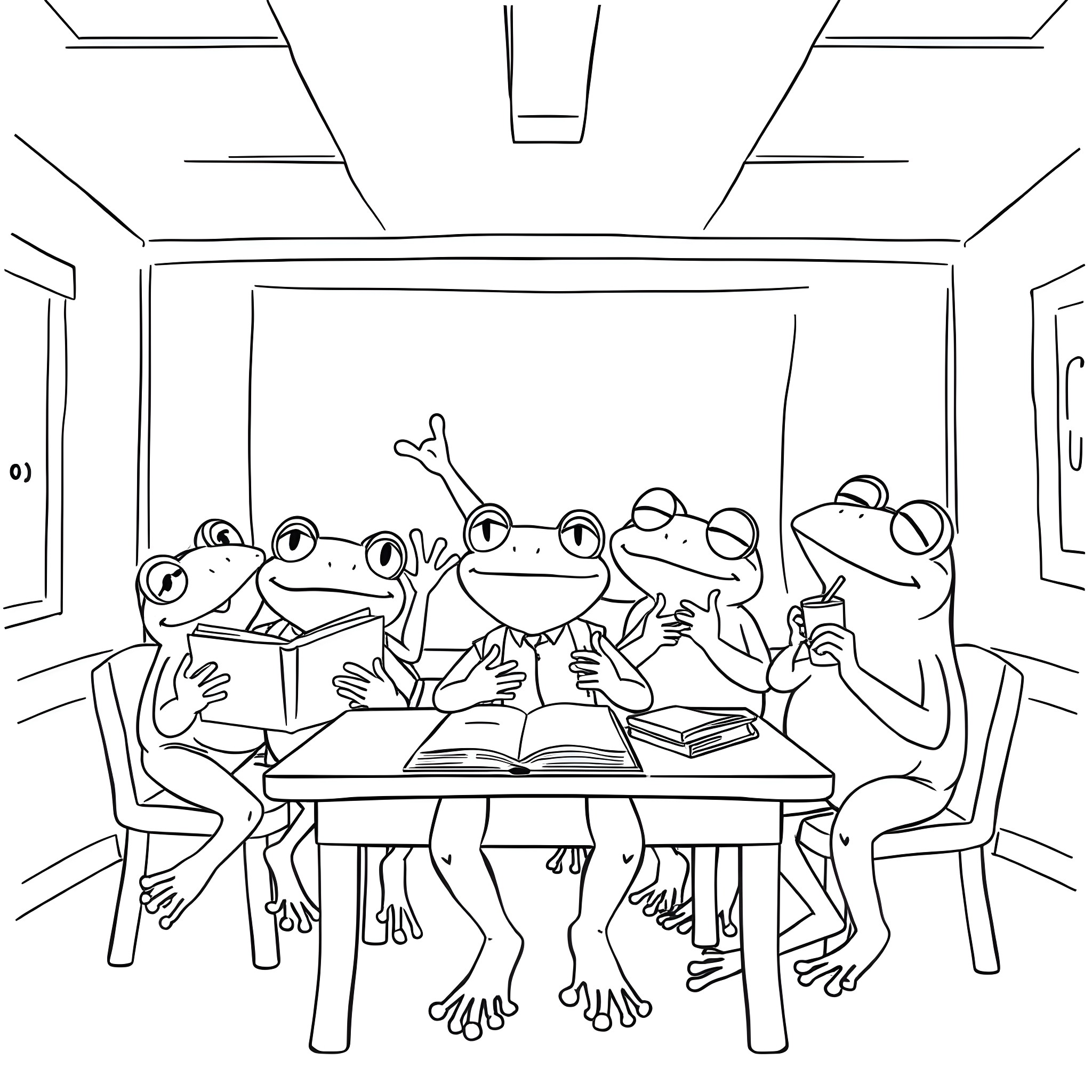 Frog friends studying together in the classroom Coloring Page (free black-and-white line drawing printable PDF for all, from beginners to advanced learners, including children, teens, adults, and seniors)