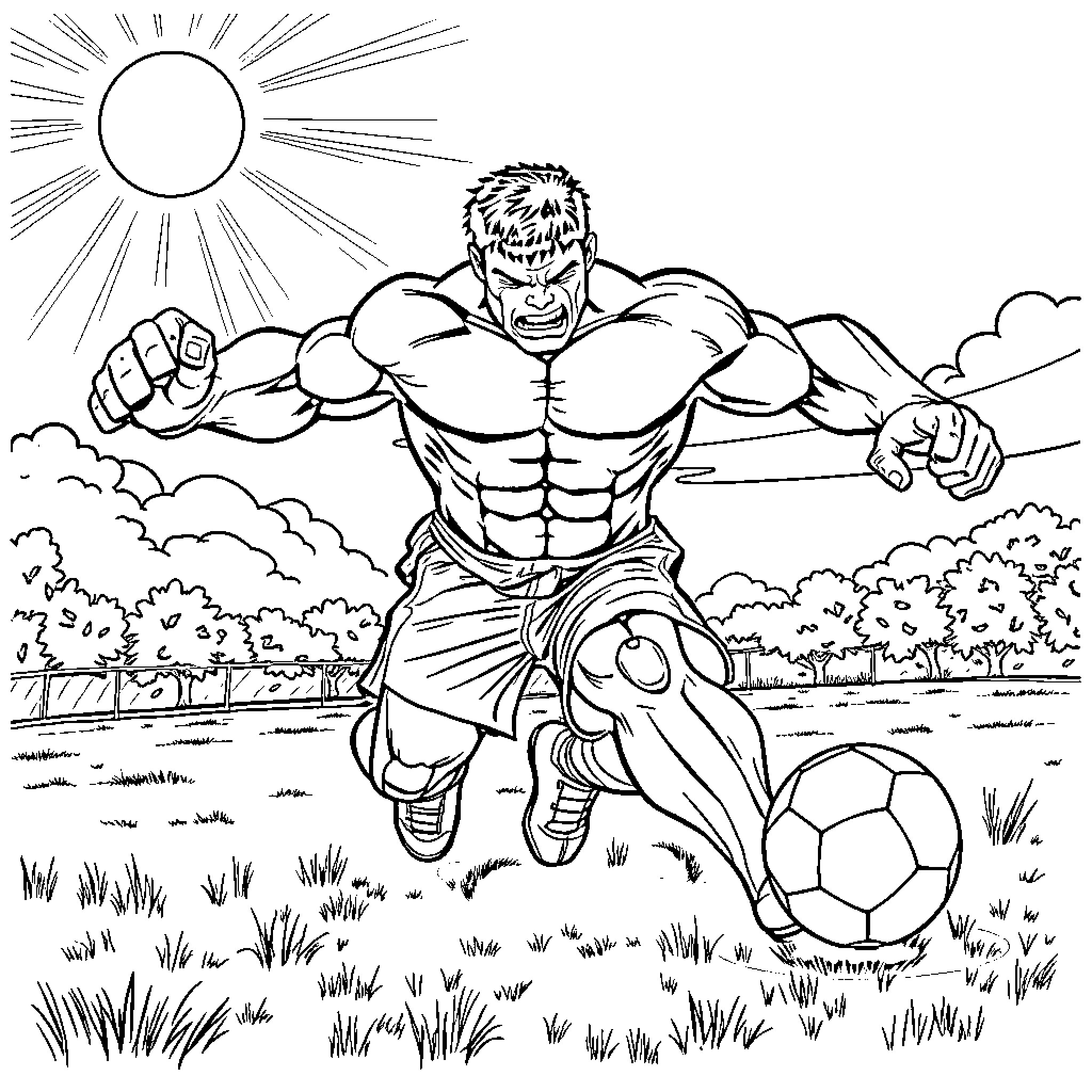 Hulk kicking soccer ball in grassy field Coloring Page (free black-and-white line drawing printable PDF for all, from beginners to advanced learners, including children, teens, adults, and seniors)