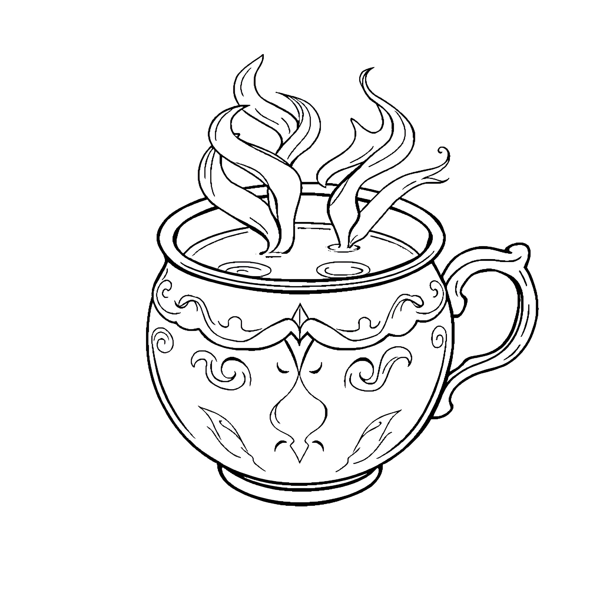 Cauldron with Magical Flames Coloring Page (free black-and-white line drawing printable PDF for all, from beginners to advanced learners, including children, teens, adults, and seniors)