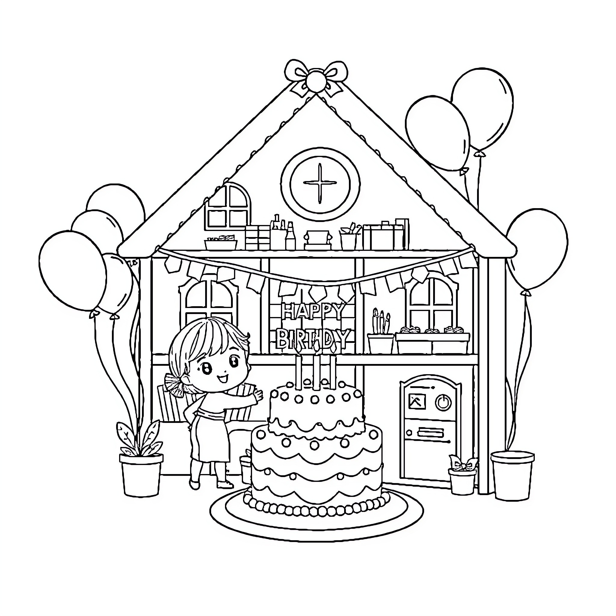 Gabby celebrates her birthday at home Coloring Page (free black-and-white line drawing printable PDF for all, from beginners to advanced learners, including children, teens, adults, and seniors)