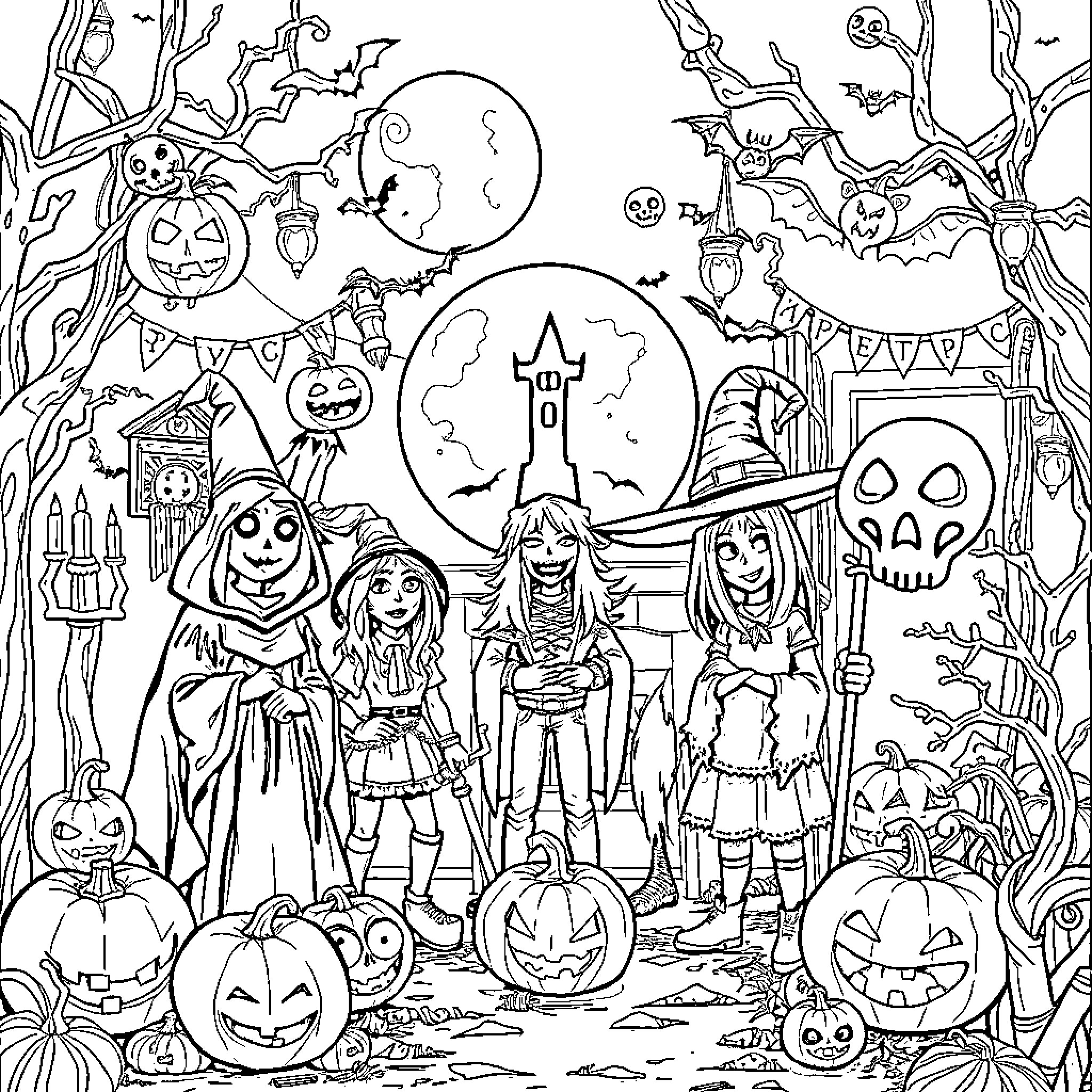 Demon Slayer Characters in a Halloween Celebration Coloring Page (free black-and-white line drawing printable PDF for all, from beginners to advanced learners, including children, teens, adults, and seniors)