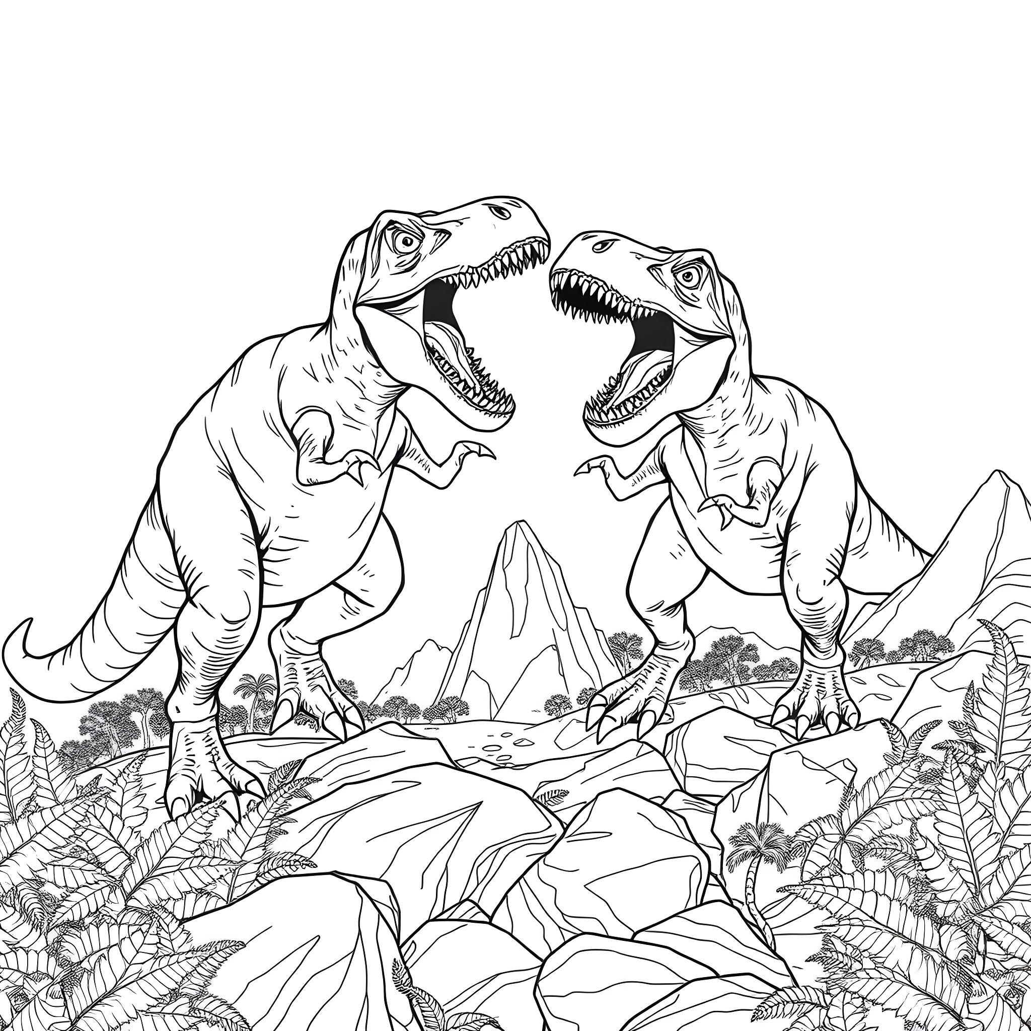 Tyrannosaurus Dinosaurs Engaged in Fierce Confrontation Coloring Page (free black-and-white line drawing printable PDF for all, from beginners to advanced learners, including children, teens, adults, and seniors)
