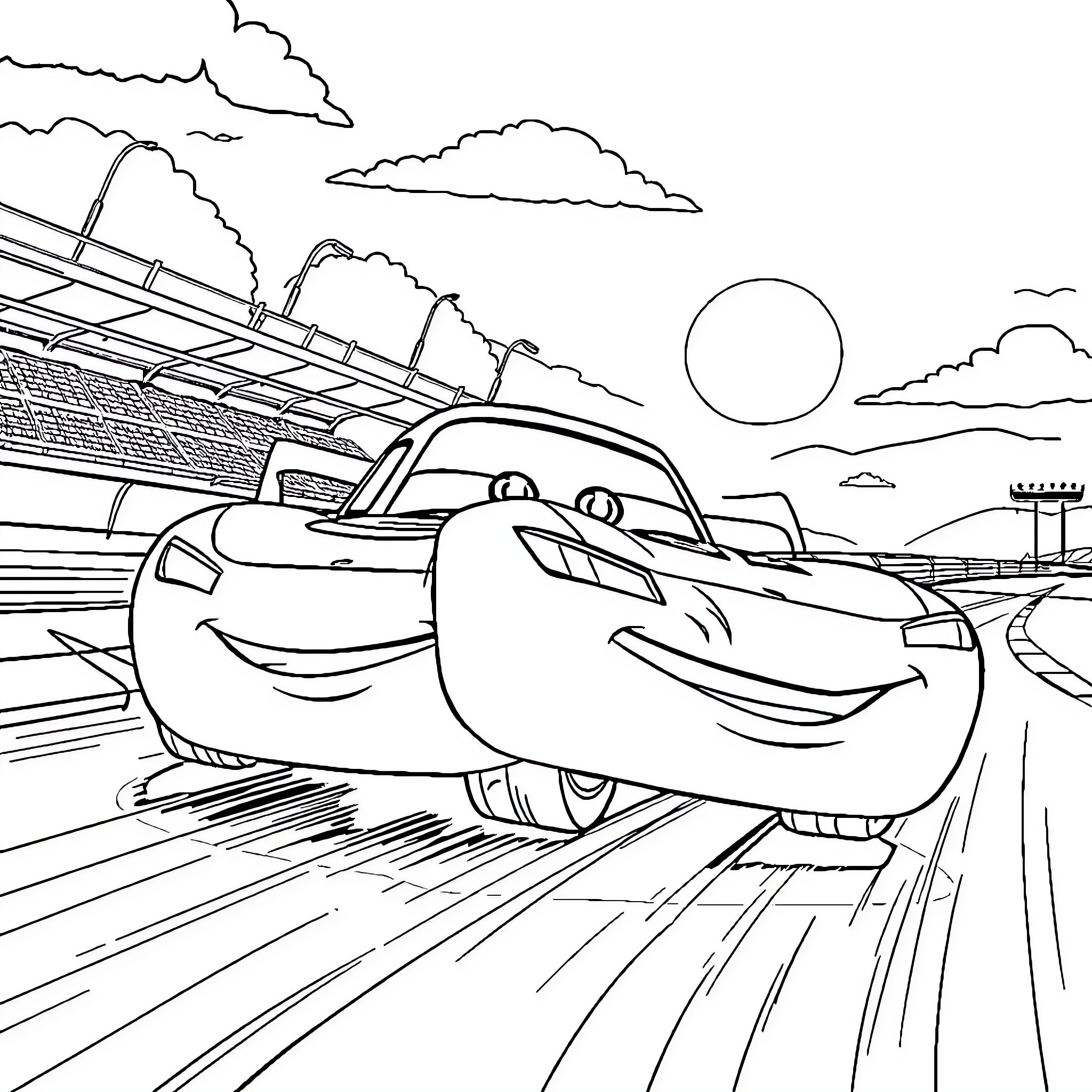 Flash MacQueen racing through the countryside Coloring Page (free black-and-white line drawing printable PDF for all, from beginners to advanced learners, including children, teens, adults, and seniors)