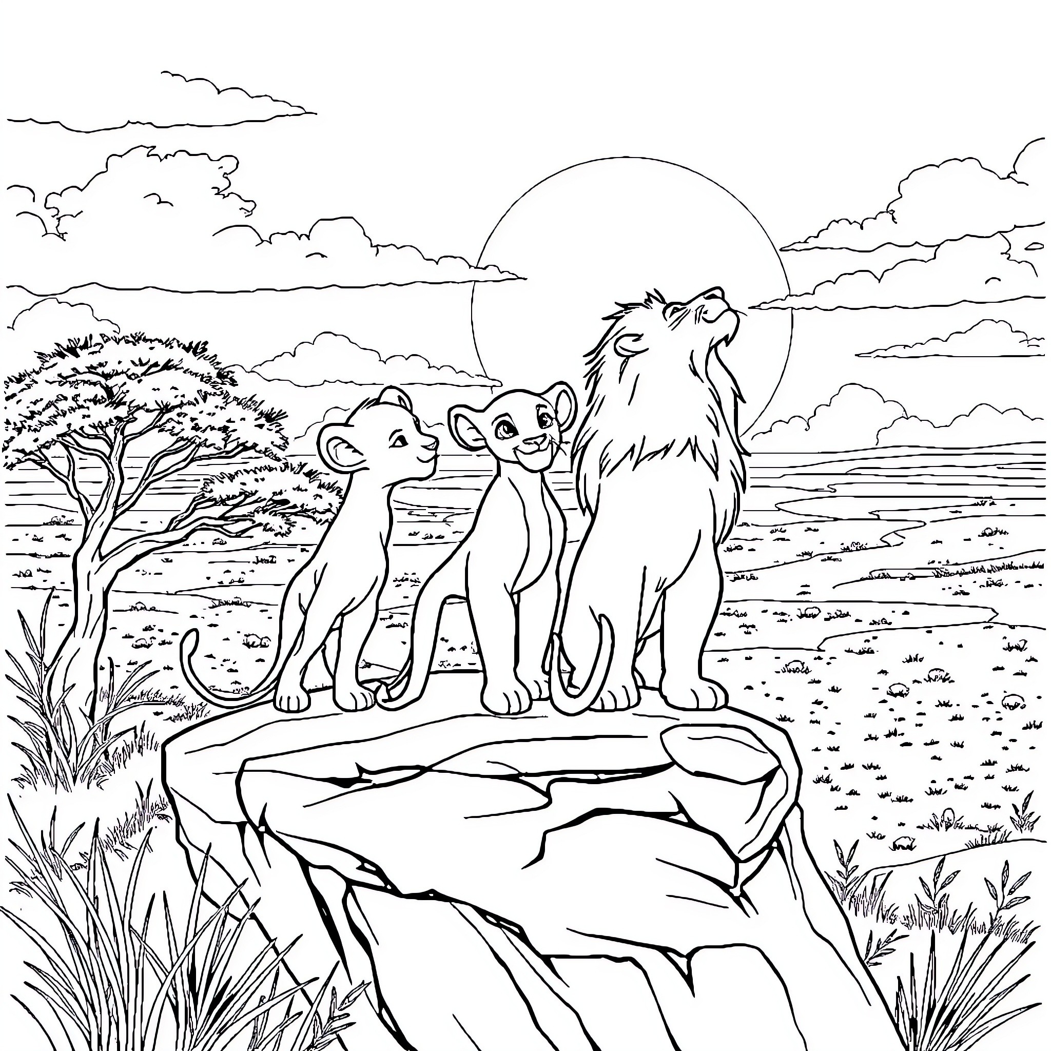 Simba's Pride: Lion Family in the Serene Savanna Coloring Page (free black-and-white line drawing printable PDF for all, from beginners to advanced learners, including children, teens, adults, and seniors)
