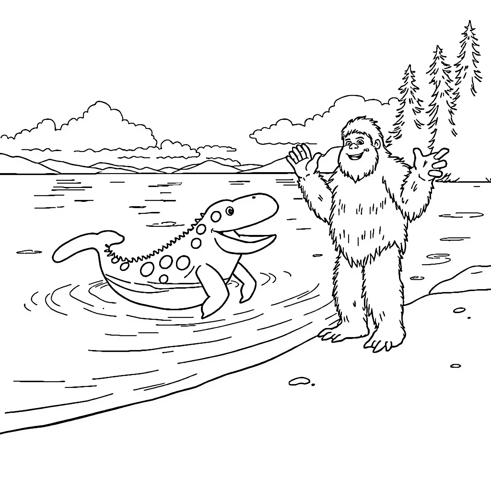 Ogopogo and Sasquatch encounter by the lake Coloring Page (free black-and-white line drawing printable PDF for all, from beginners to advanced learners, including children, teens, adults, and seniors)