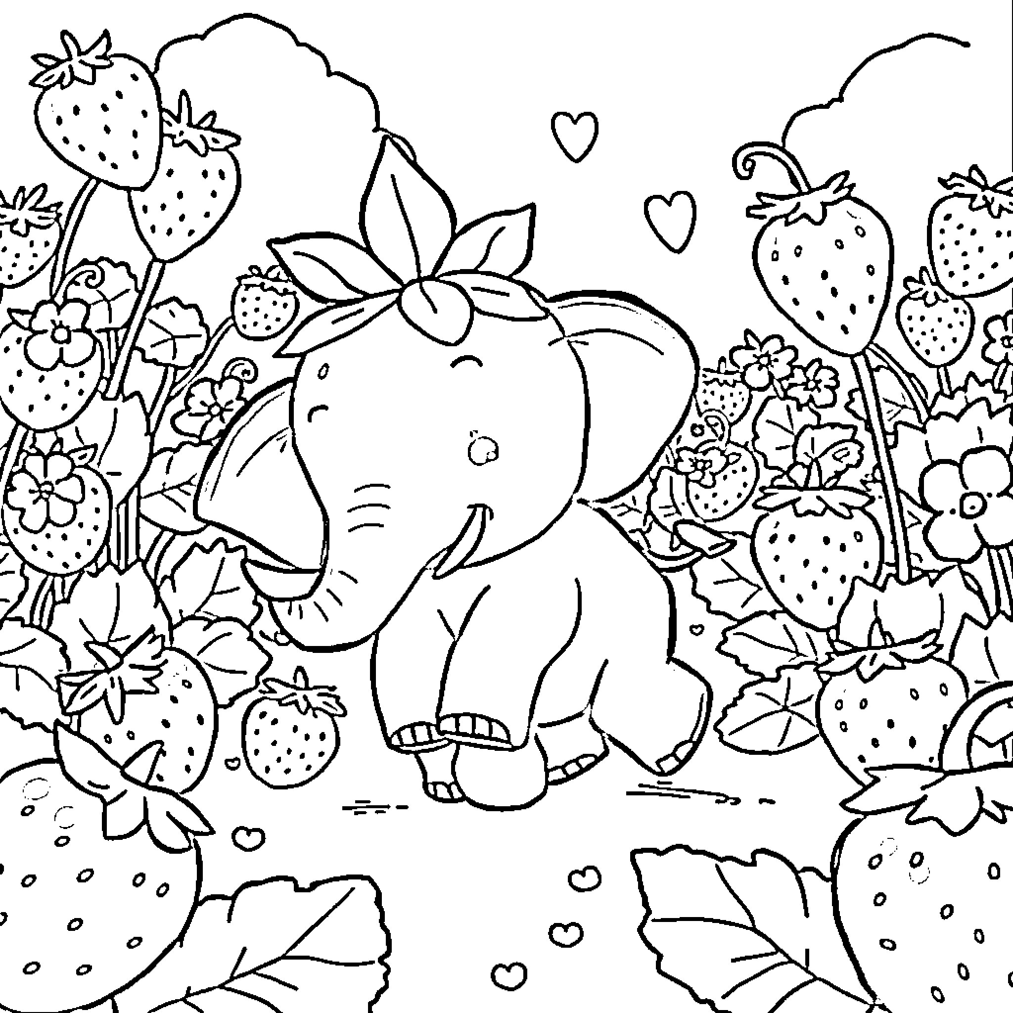 Elephant enjoying a strawberry garden Coloring Page (free black-and-white line drawing printable PDF for all, from beginners to advanced learners, including children, teens, adults, and seniors)