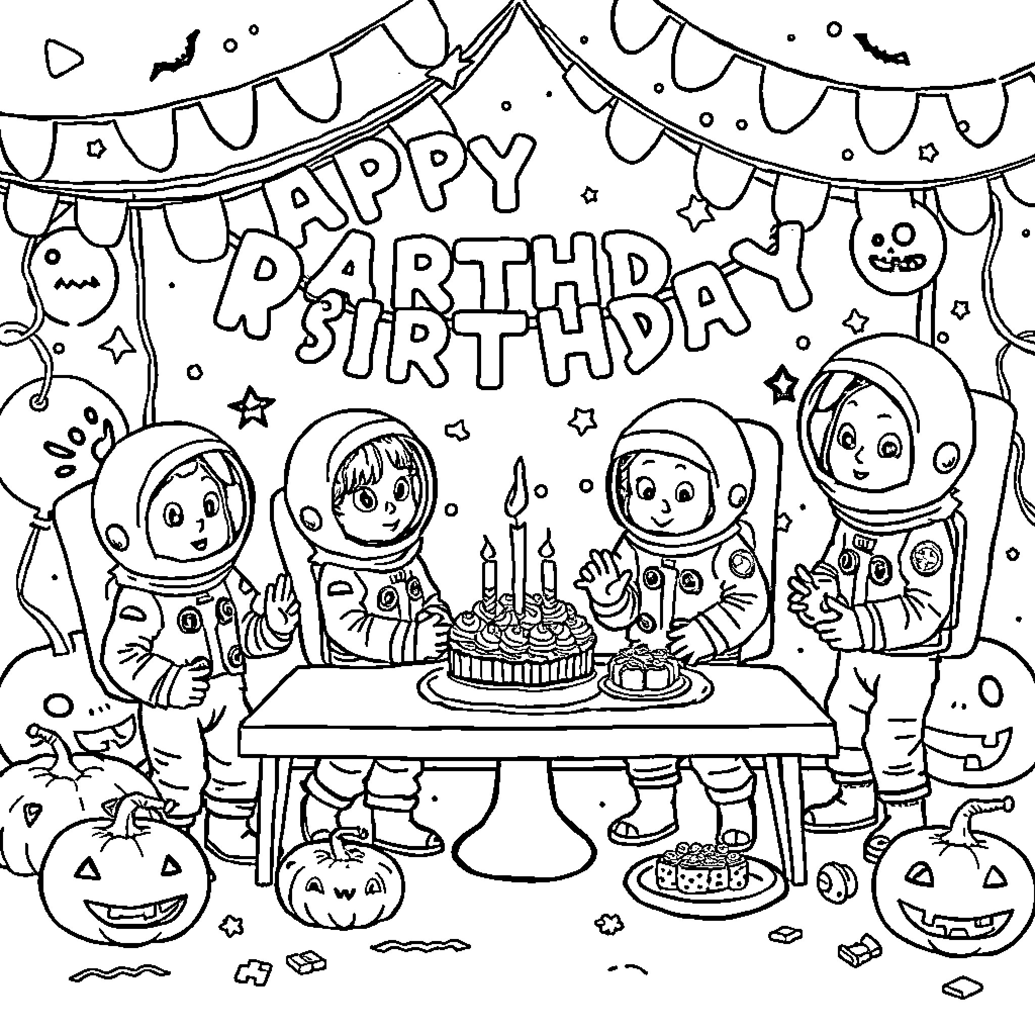 Astronauts celebrating a birthday party Coloring Page (free black-and-white line drawing printable PDF for all, from beginners to advanced learners, including children, teens, adults, and seniors)