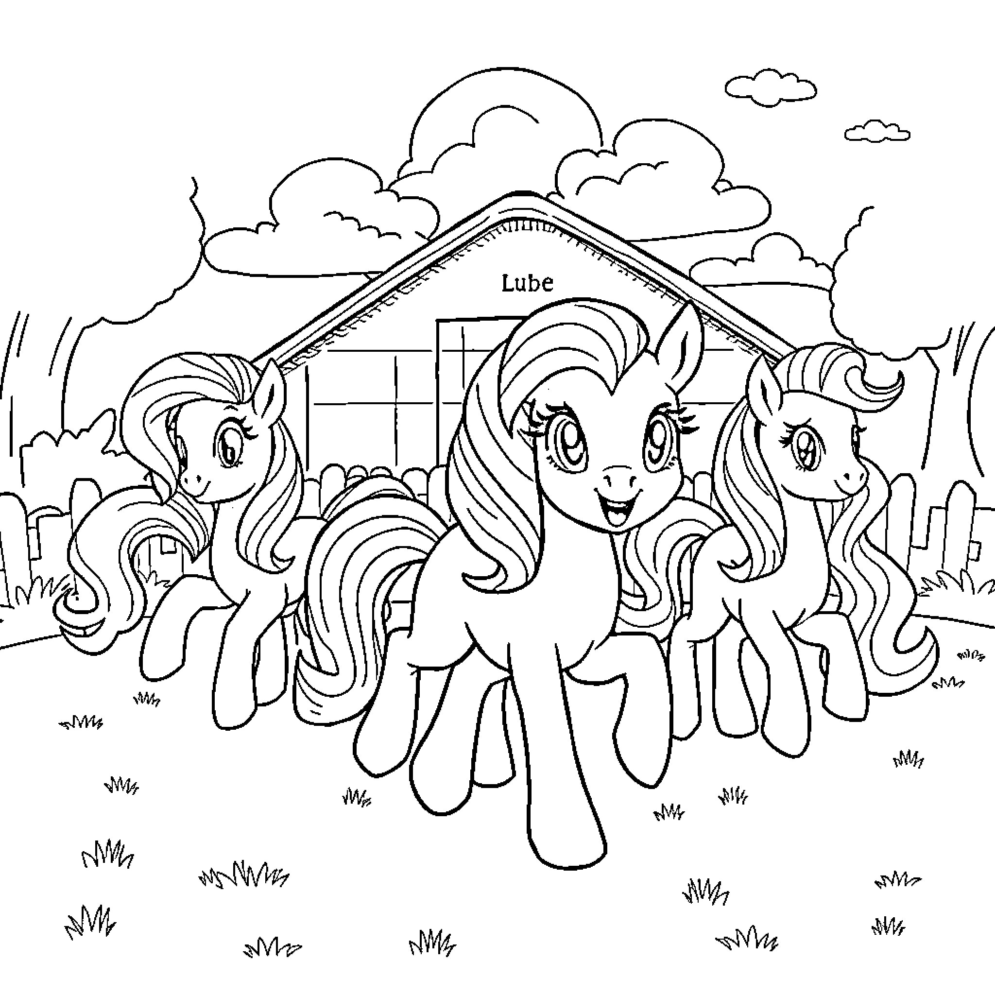 Pony friends playing in a farm setting Coloring Page (free black-and-white line drawing printable PDF for all, from beginners to advanced learners, including children, teens, adults, and seniors)