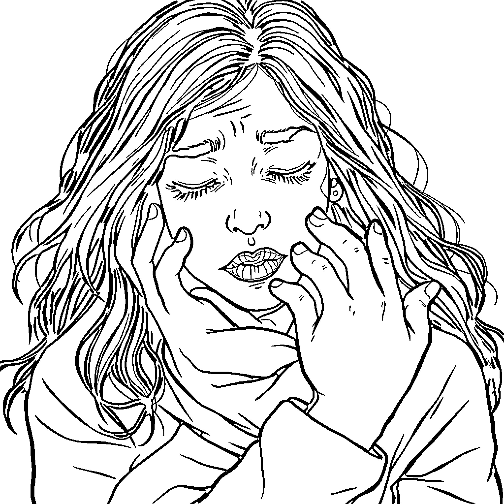 Harcèlement - A woman's anguished expression and body language Coloring Page (free black-and-white line drawing printable PDF for all, from beginners to advanced learners, including children, teens, adults, and seniors)