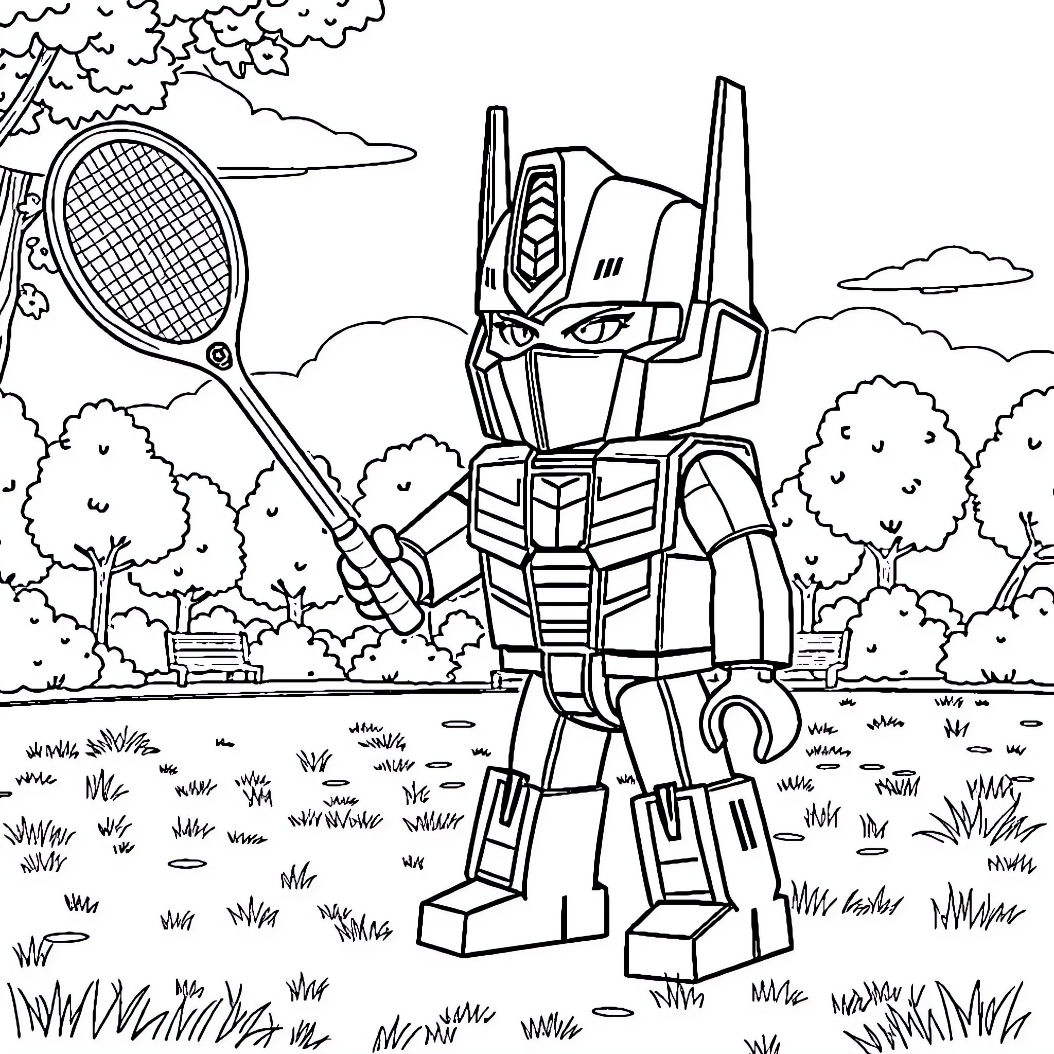 Playmobil Guy with Tennis Racket in Outdoor Scene Coloring Page (free black-and-white line drawing printable PDF for all, from beginners to advanced learners, including children, teens, adults, and seniors)