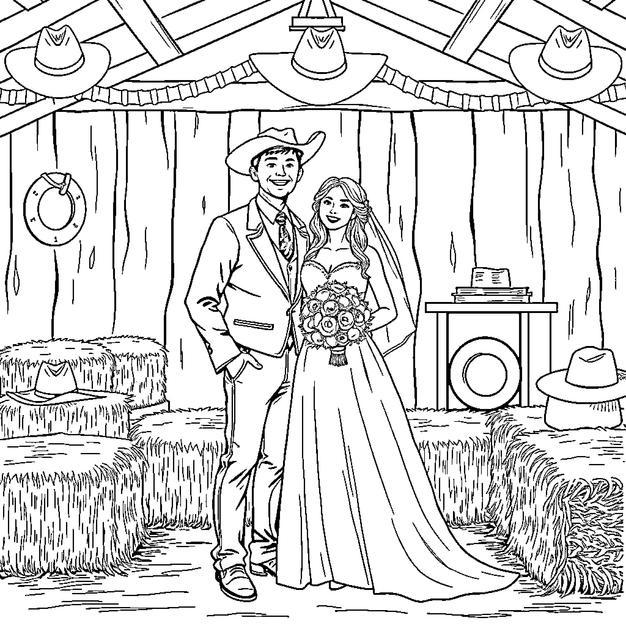 Bride and Groom at Country Barn Wedding Ceremony Coloring Page (free black-and-white line drawing printable PDF for all, from beginners to advanced learners, including children, teens, adults, and seniors)